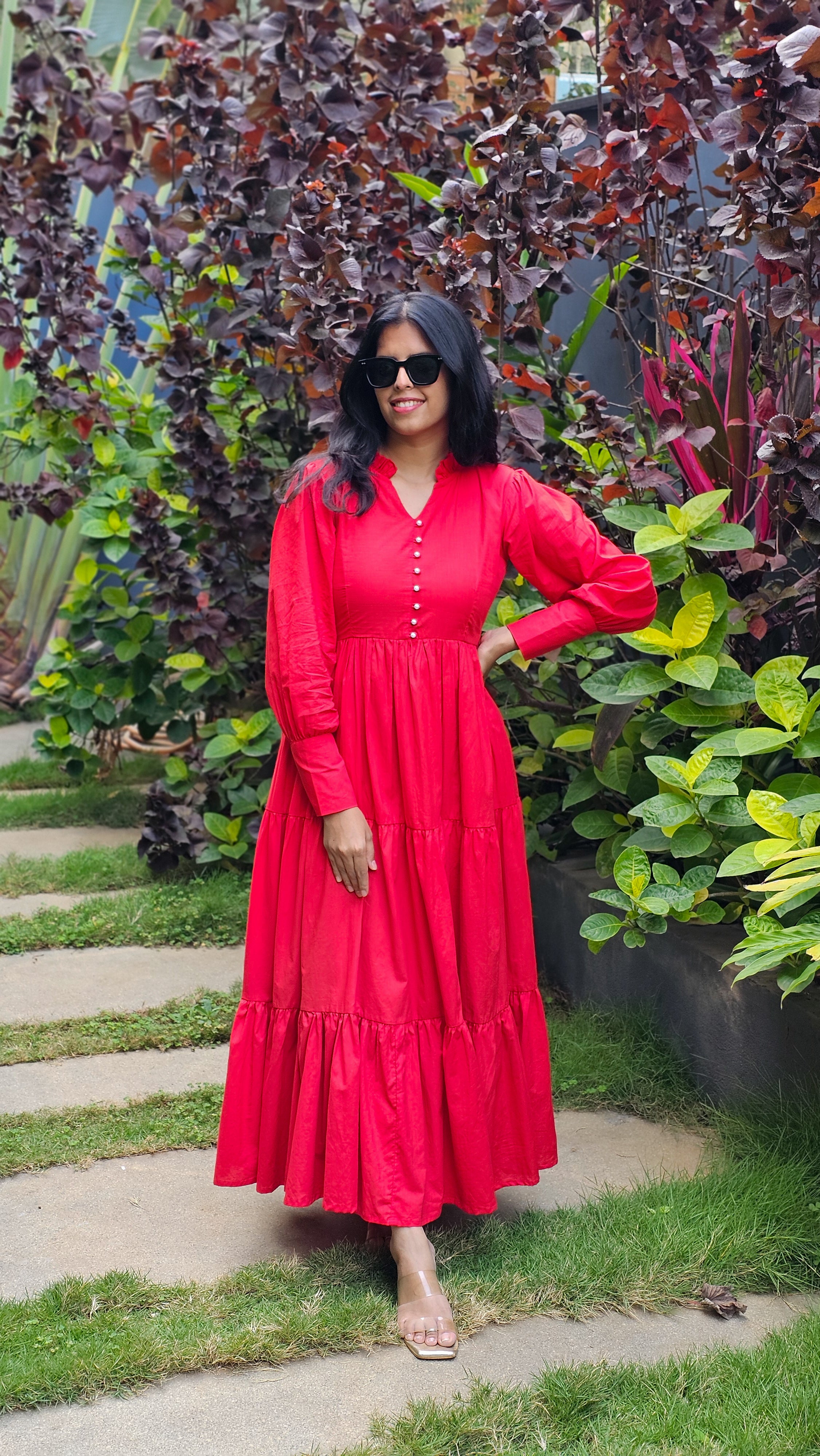 Sayonara - Red Cambric Cotton 3-Tier Flared  Dress