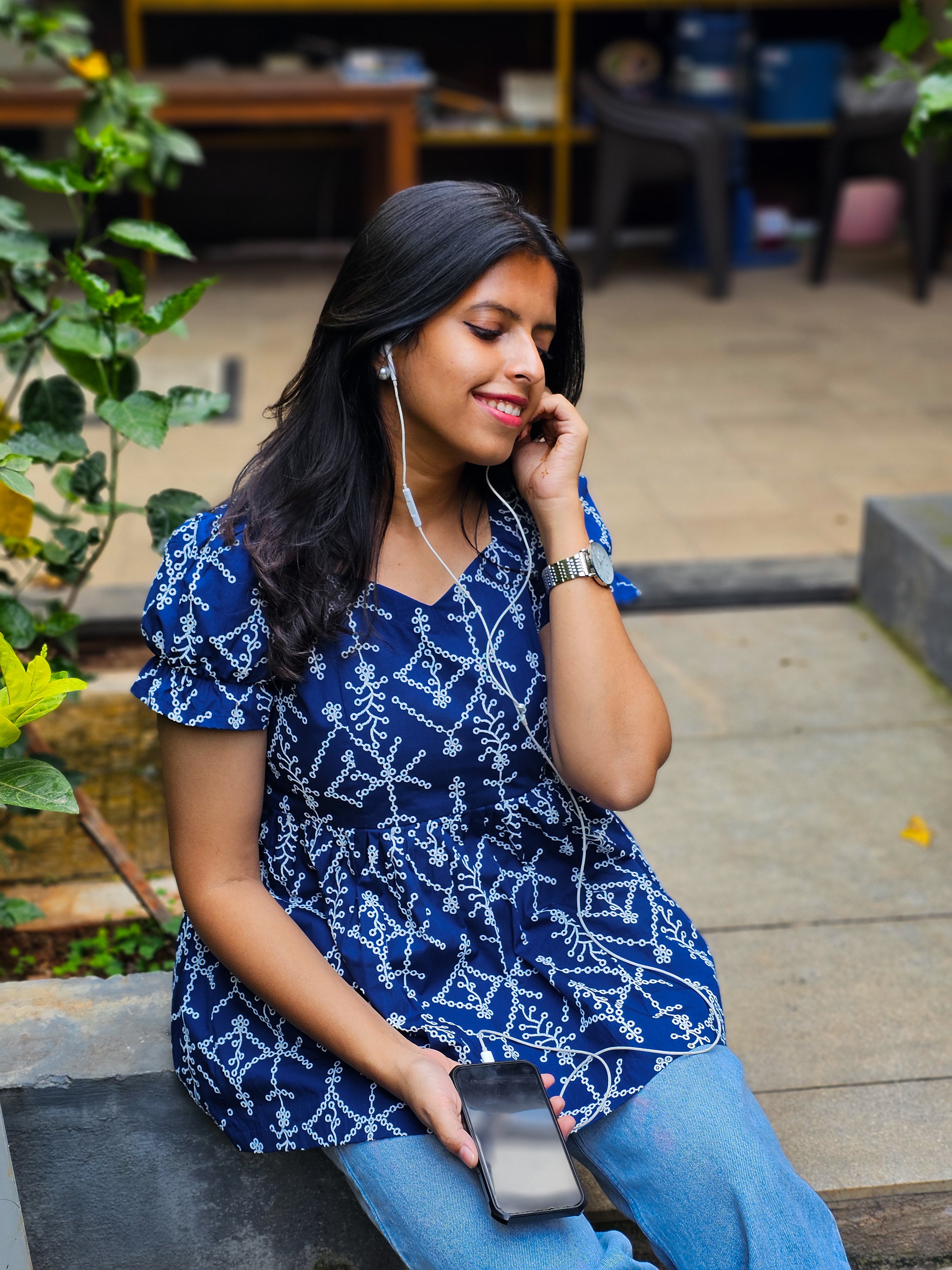 JENNY - Royal Blue Hakoba Print Top
