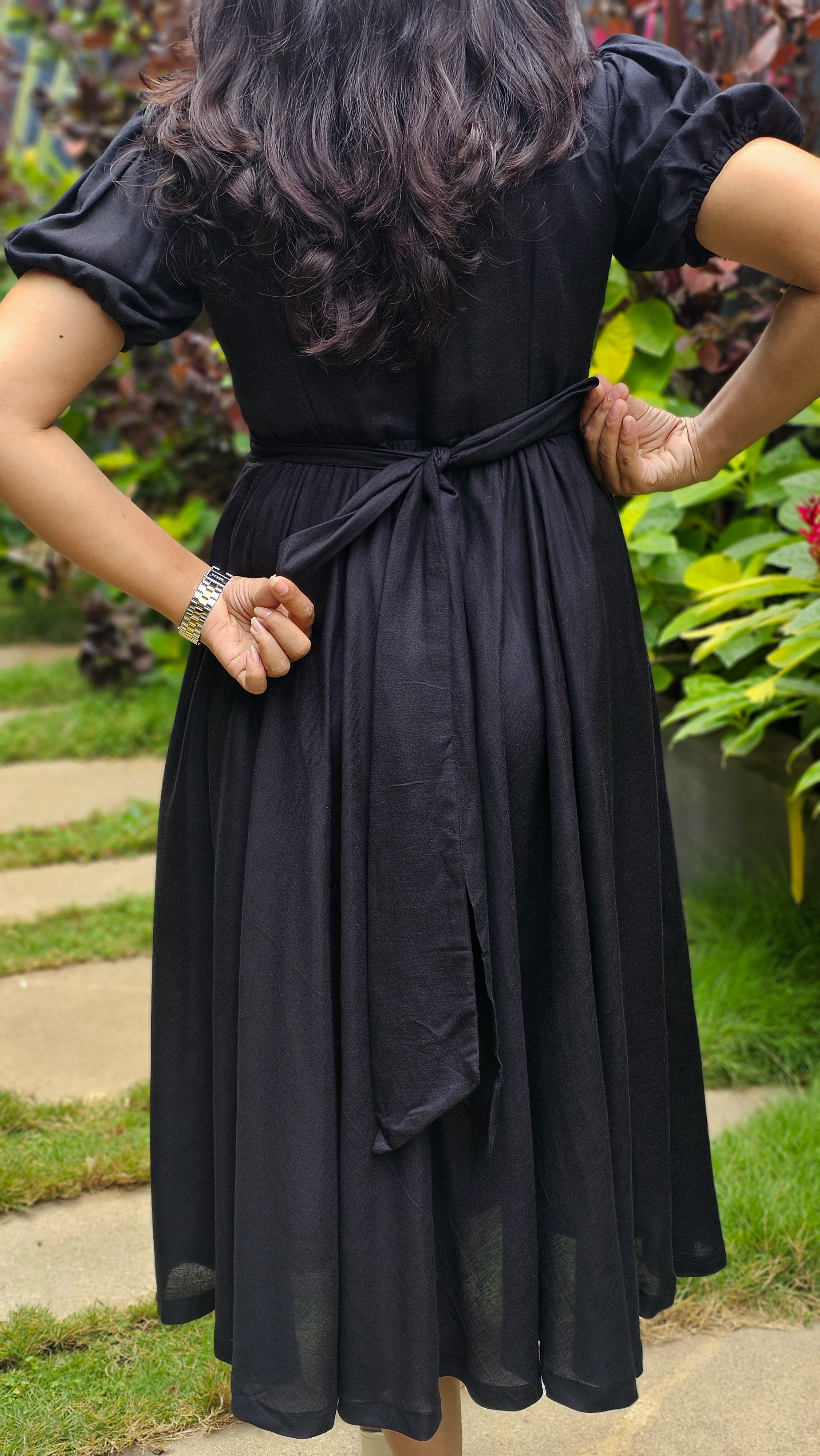 My Princess - Black Viscose Linen Floral Patchwork Flared Dress