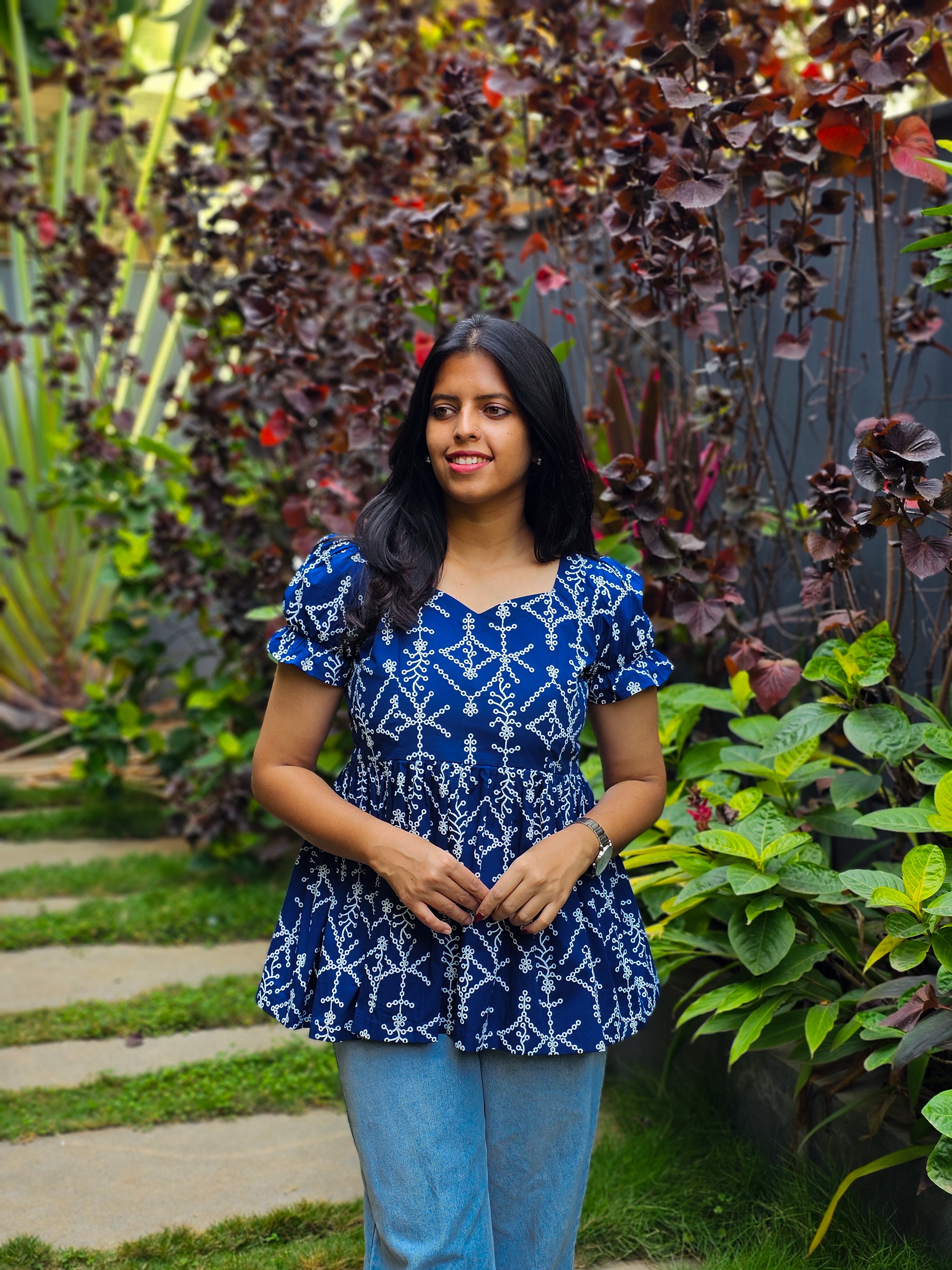 JENNY - Royal Blue Hakoba Print Top