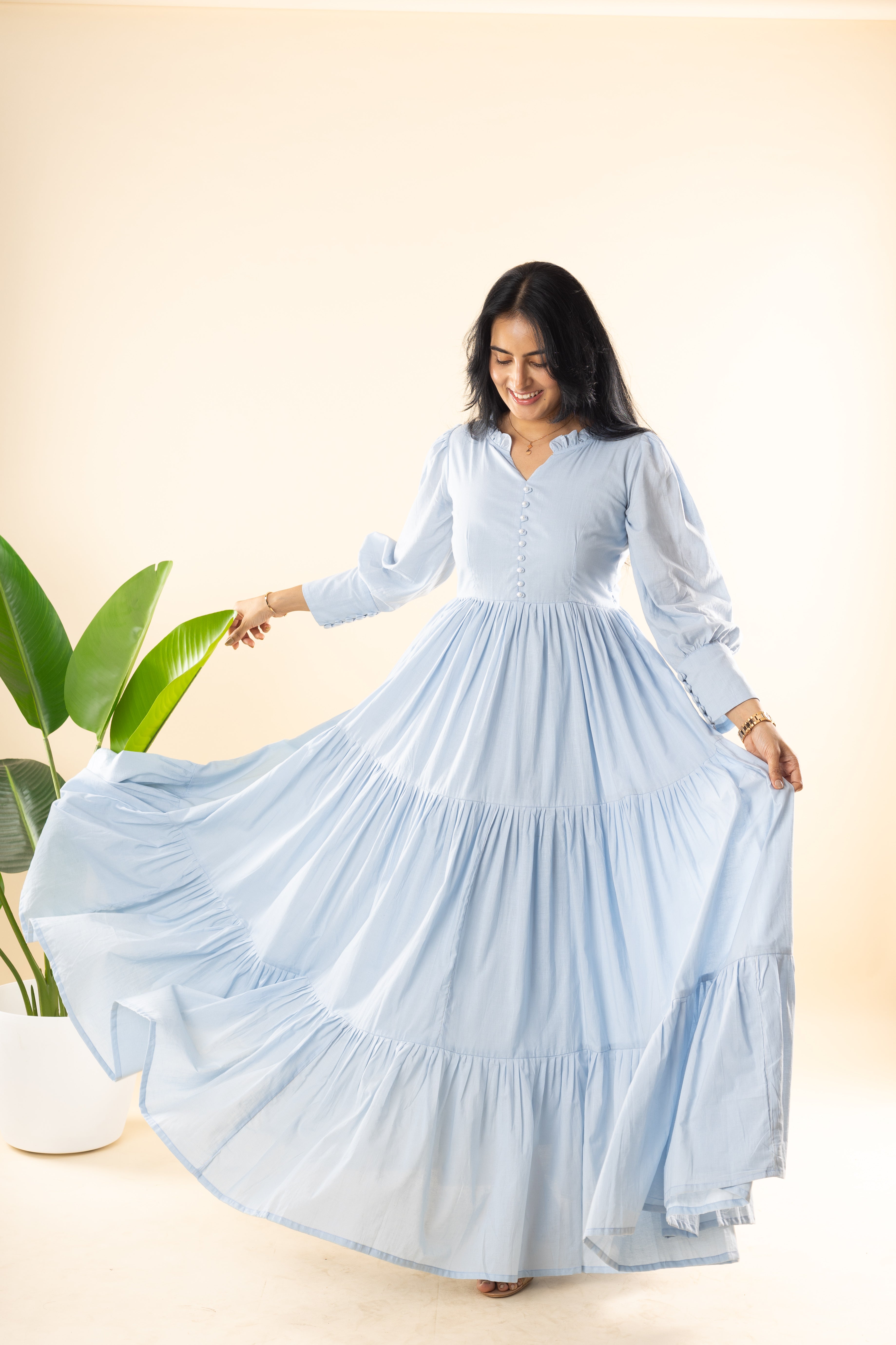 Sayonara - Blue Cambric Cotton 3-Tier Flared  Dress