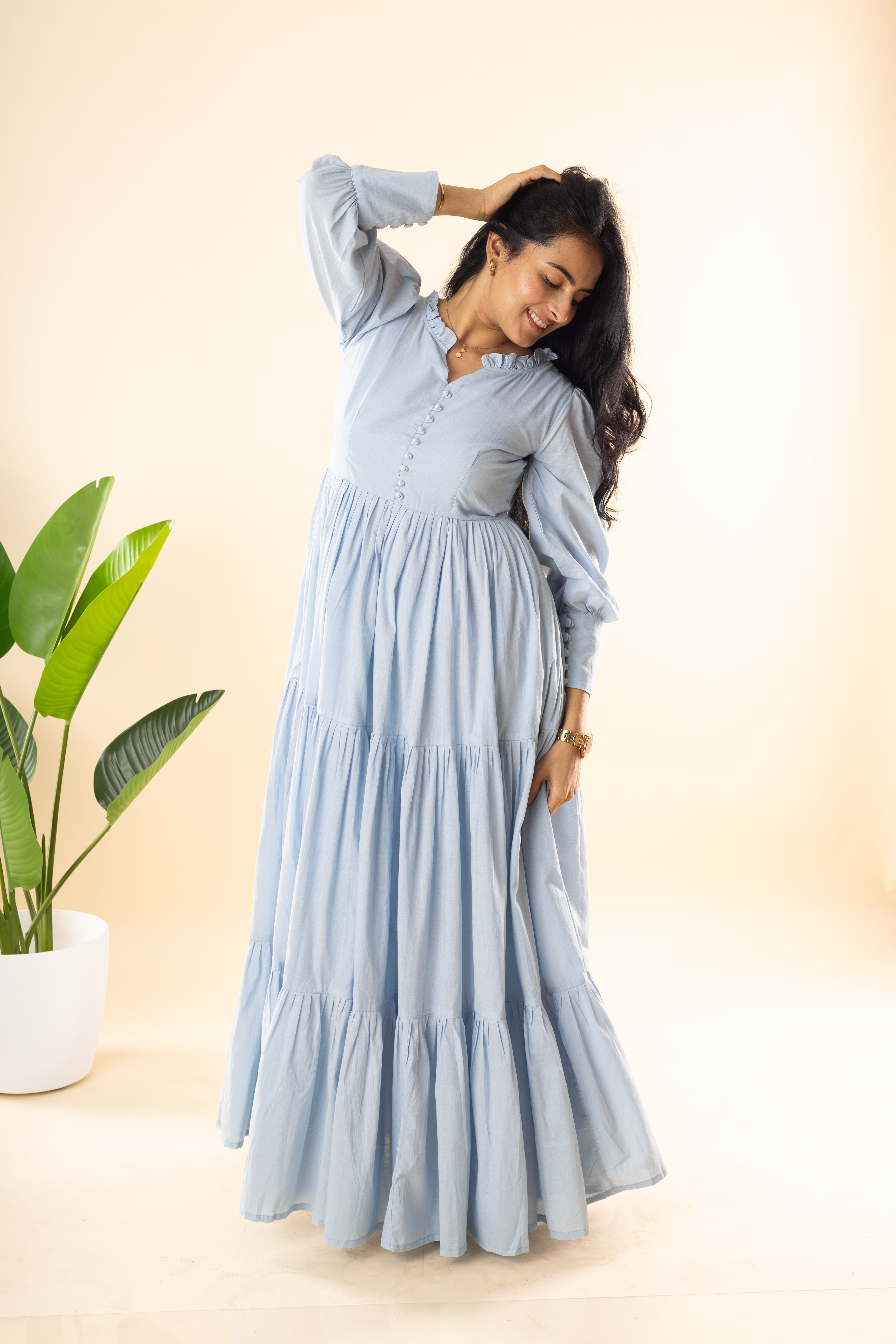 Sayonara - Blue Cambric Cotton 3-Tier Flared  Dress