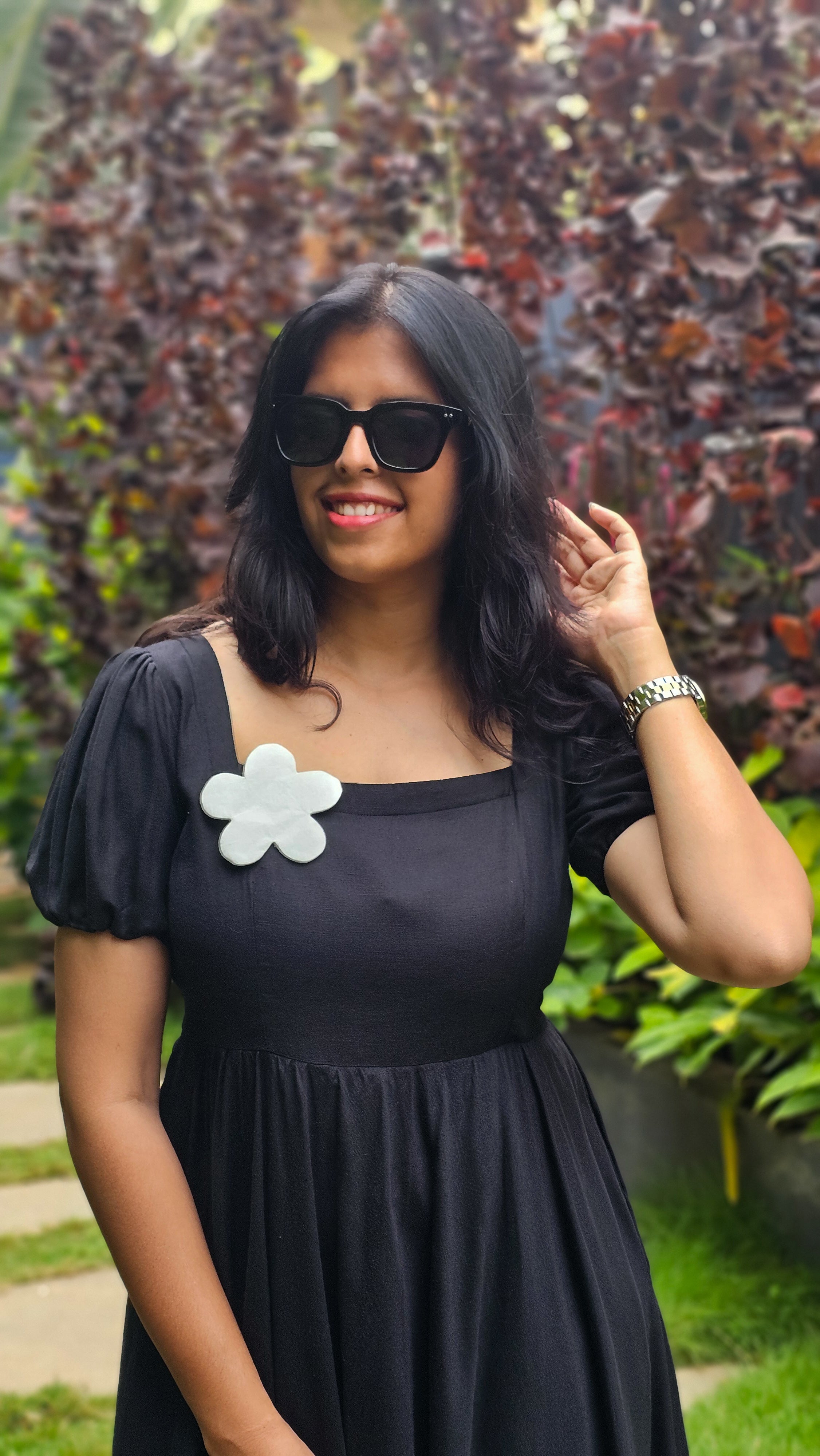 My Princess - Black Viscose Linen Floral Patchwork Flared Dress