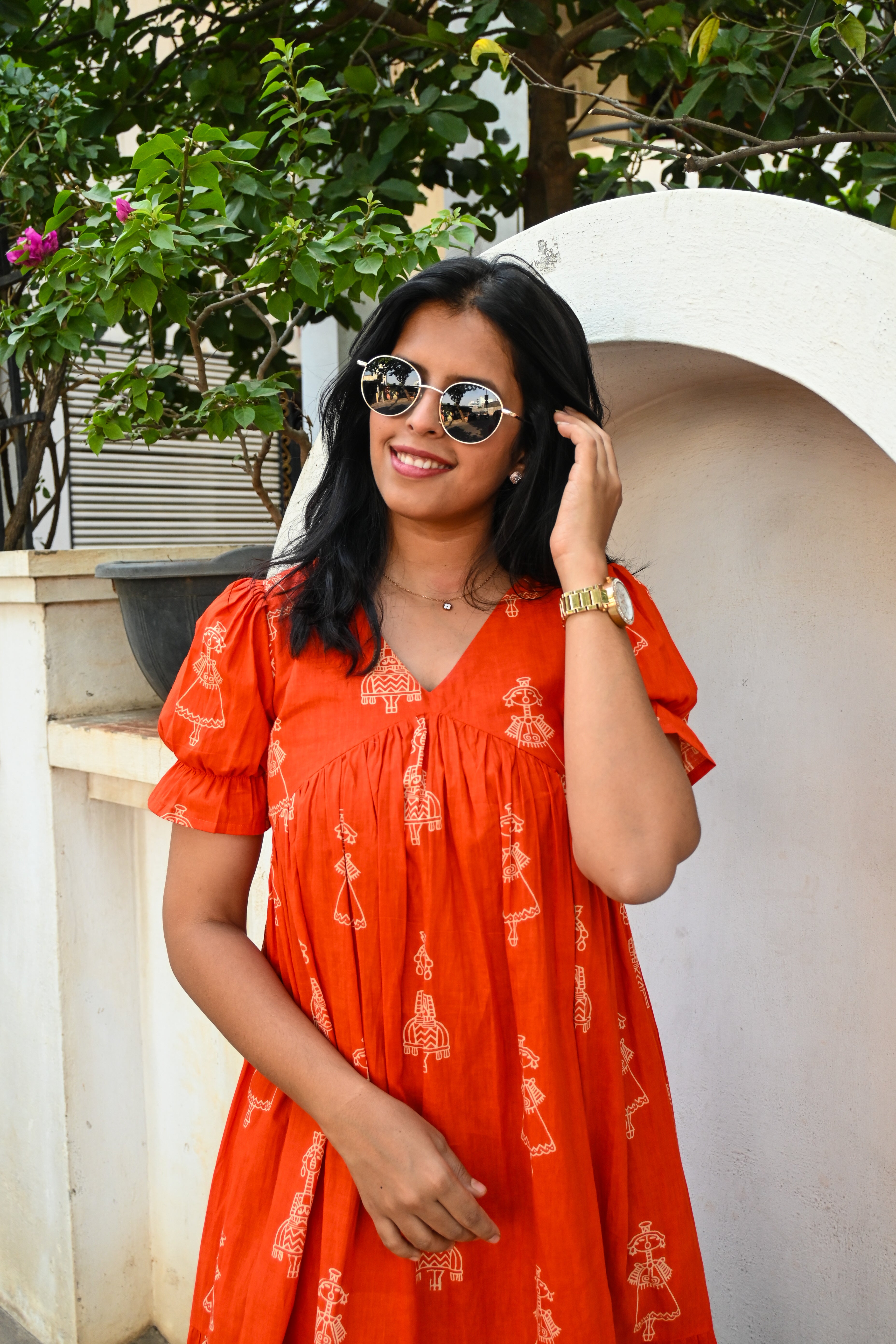 Orange Cotton 3 Tier Flare Midi Dress