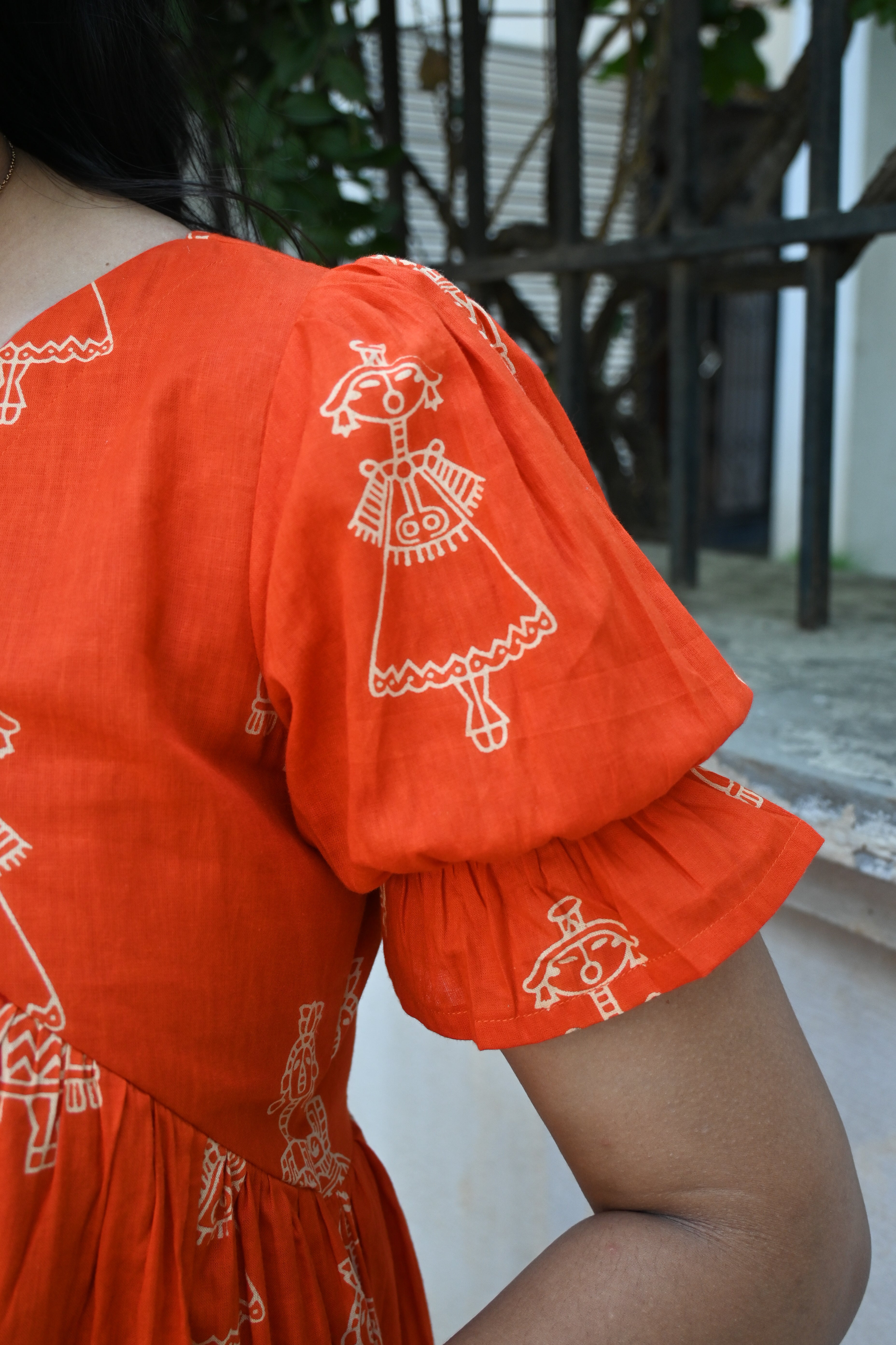 Orange Cotton 3 Tier Flare Midi Dress