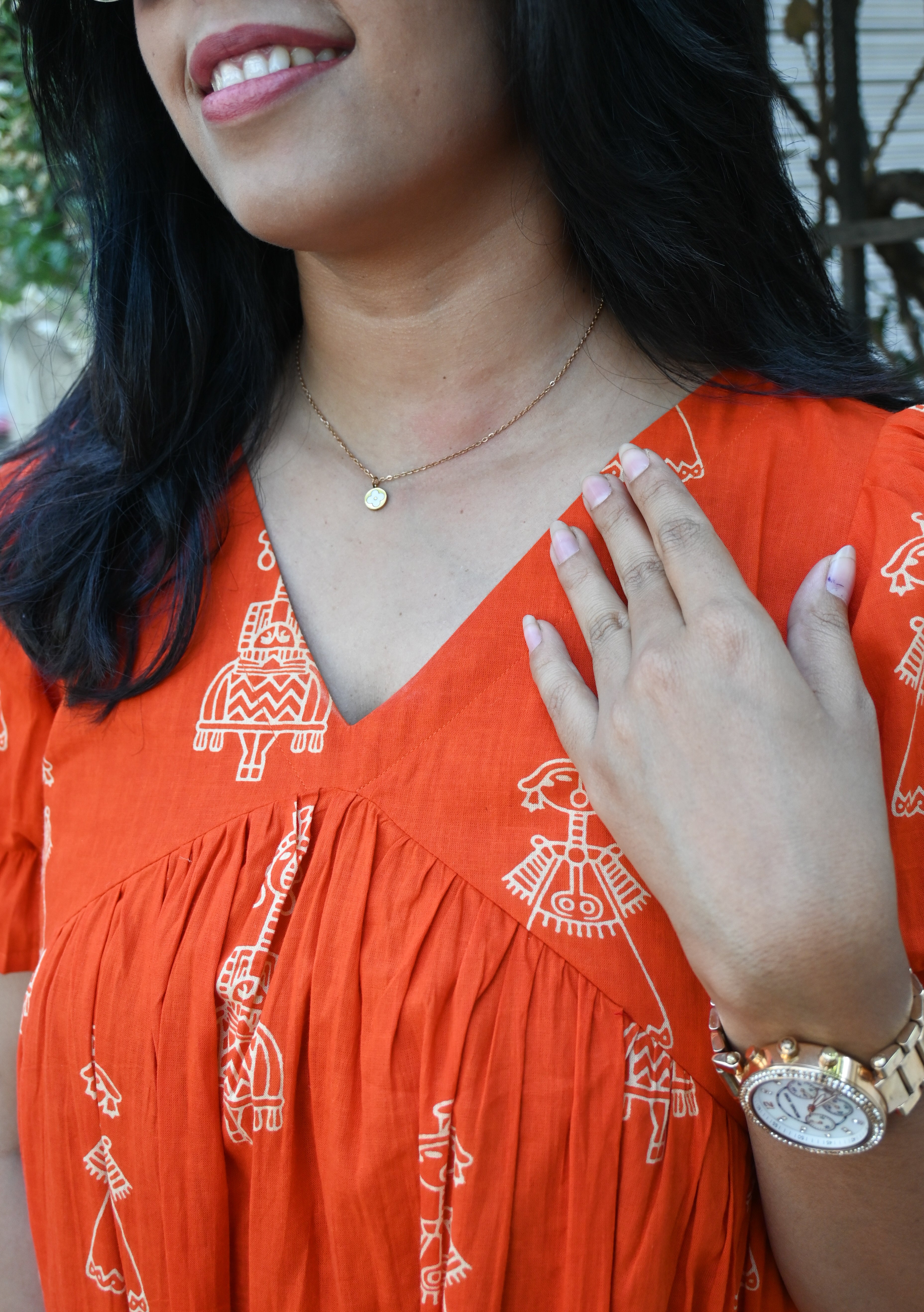 Orange Cotton 3 Tier Flare Midi Dress
