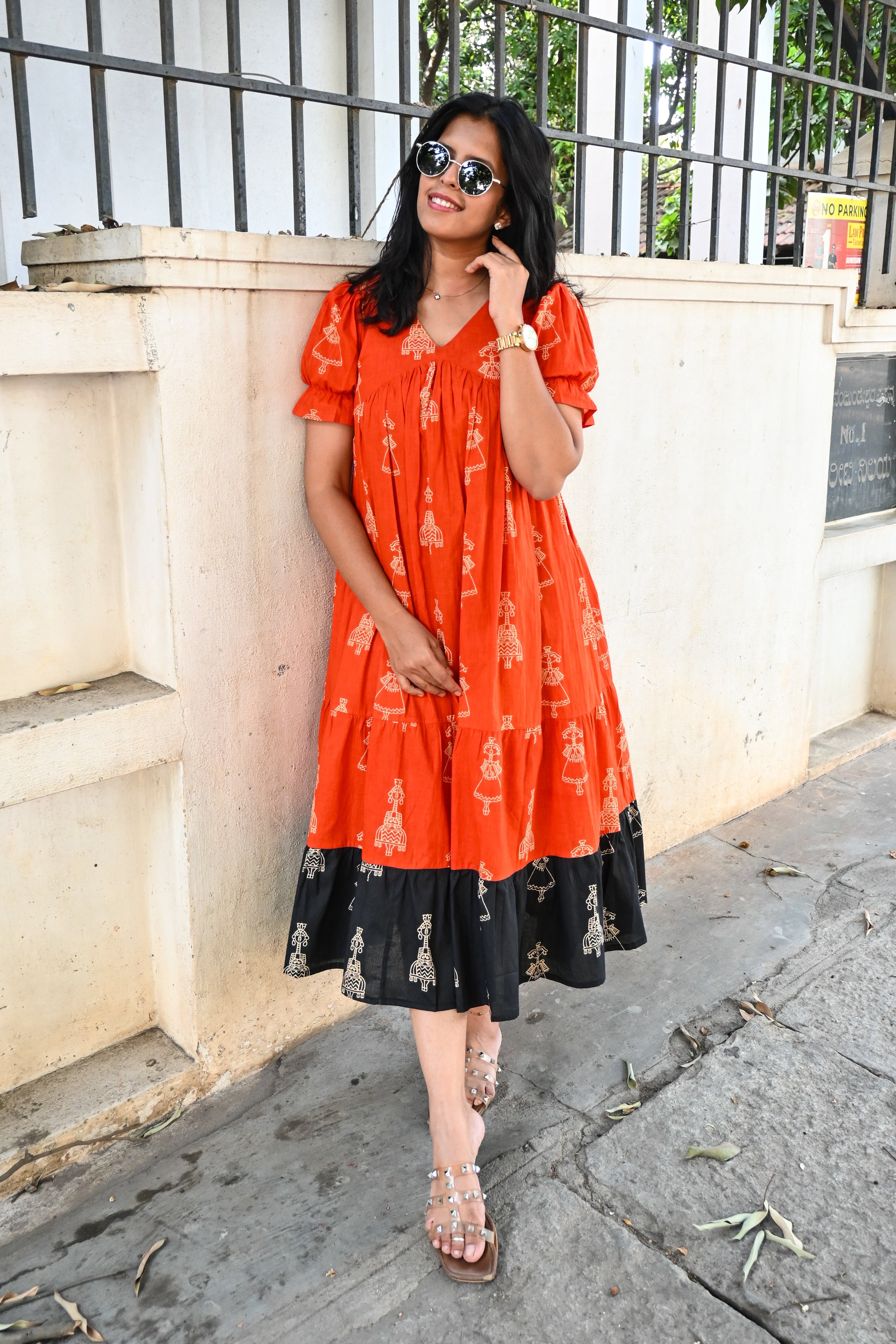 Orange Cotton 3 Tier Flare Midi Dress