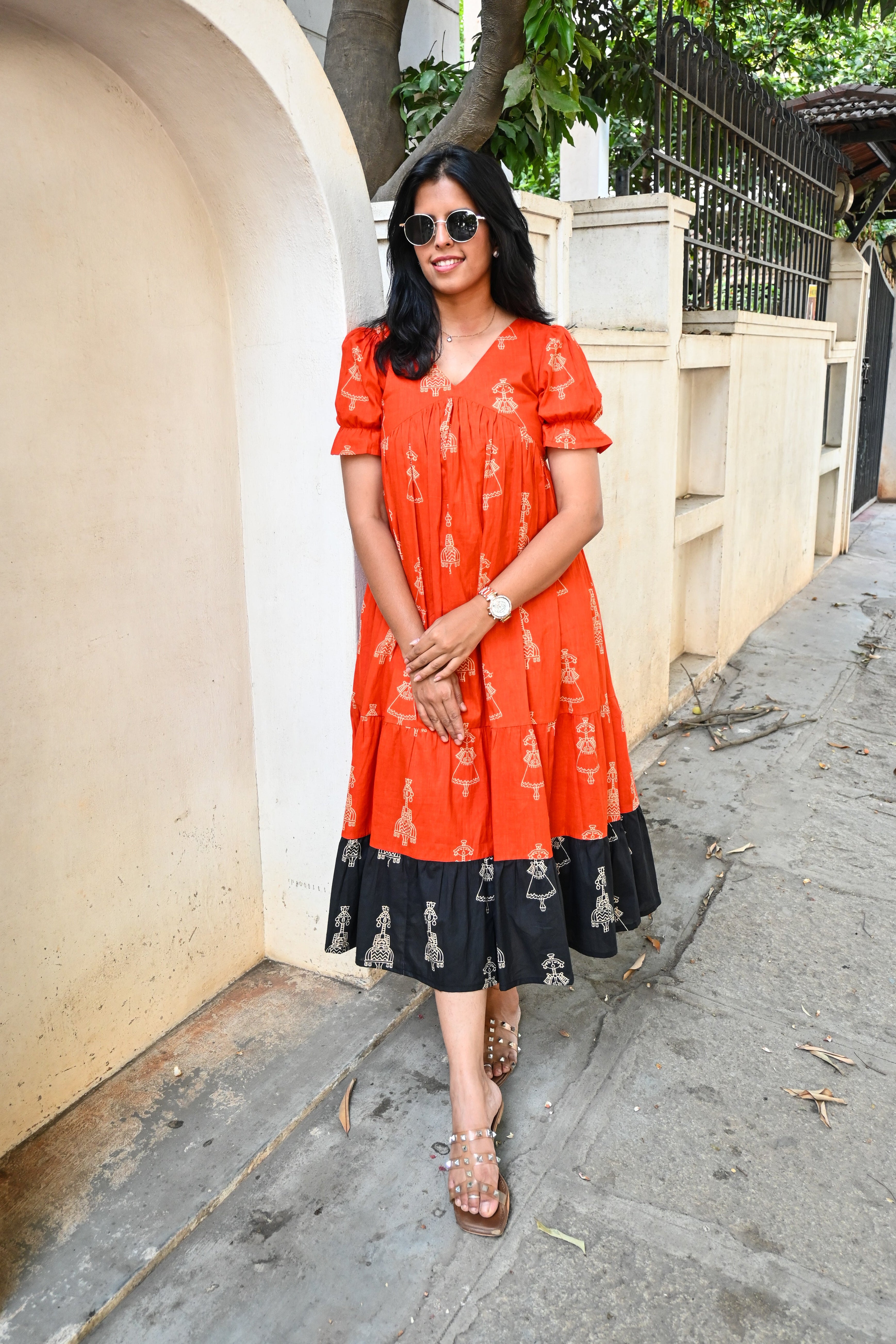 Orange Cotton 3 Tier Flare Midi Dress