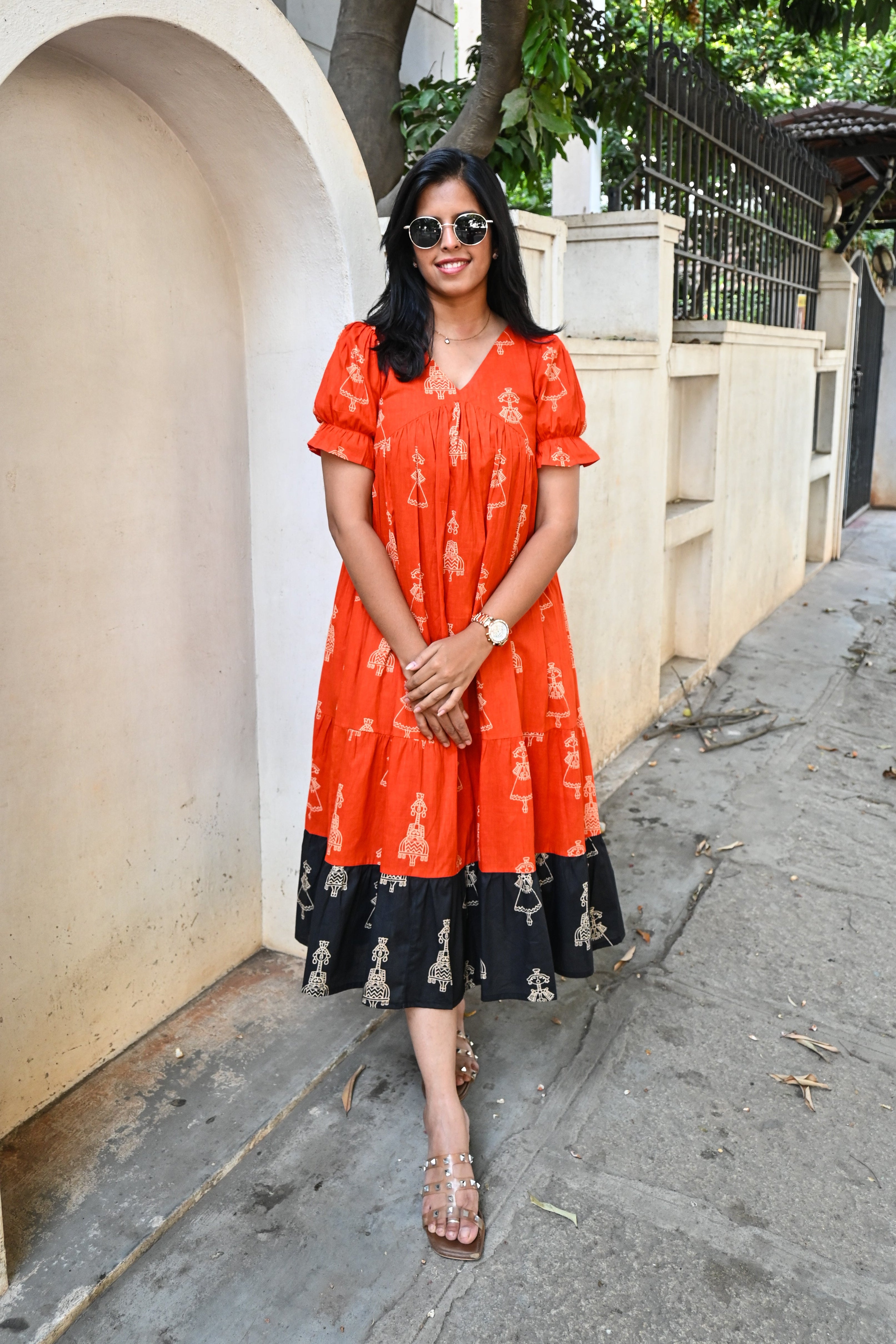 Orange Cotton 3 Tier Flare Midi Dress