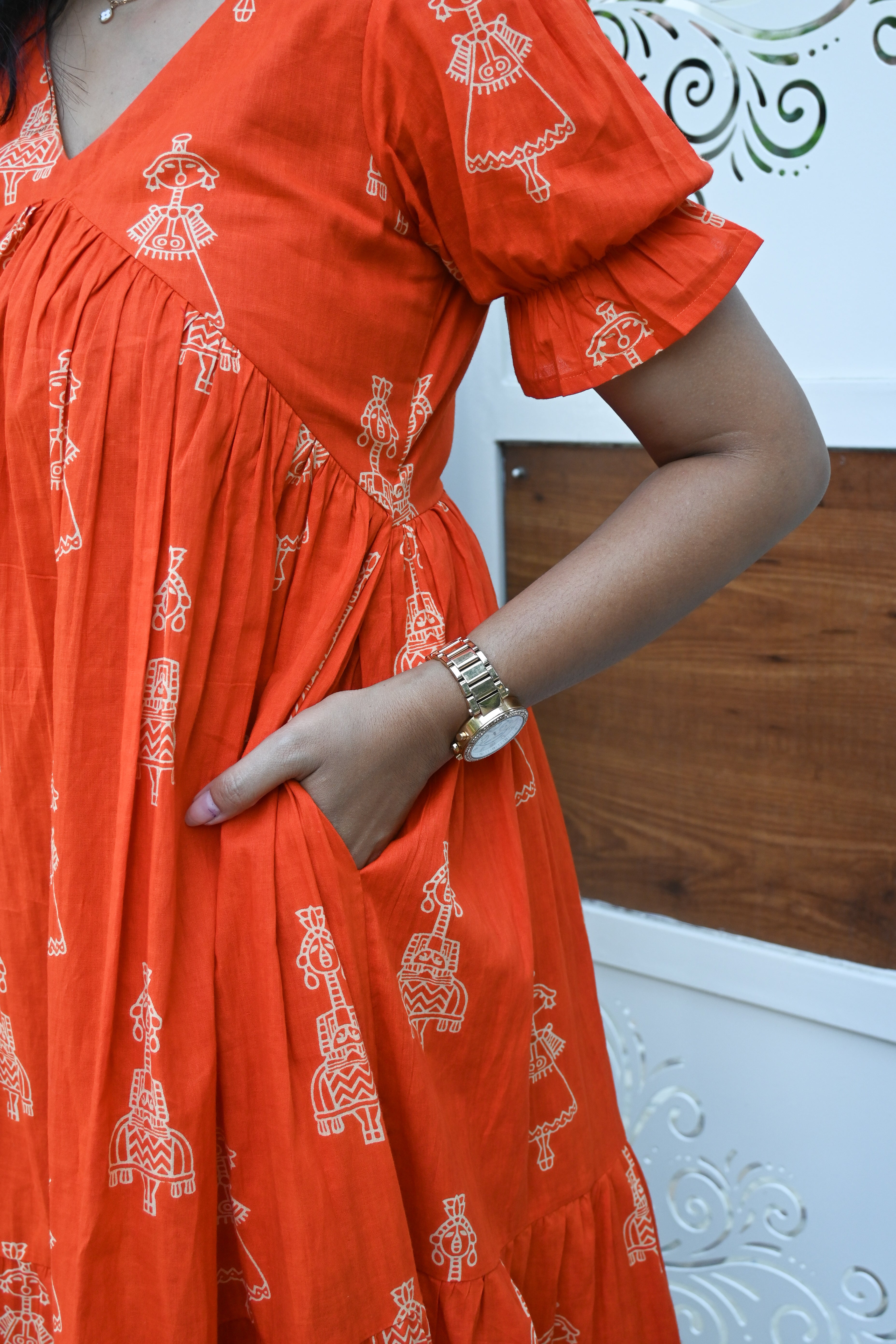 Orange Cotton 3 Tier Flare Midi Dress