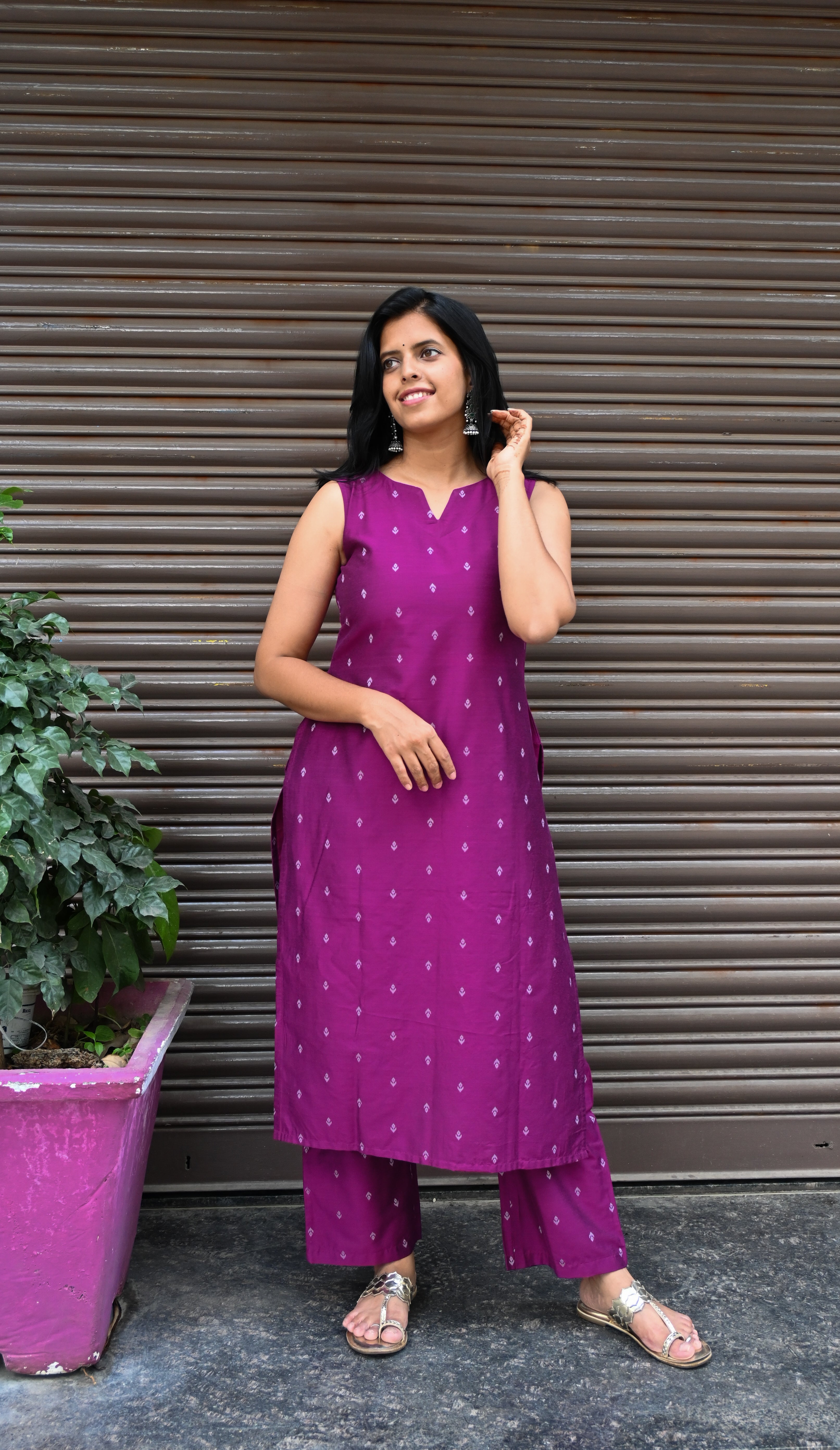 Magenta Semi Silk A-Line Co-ord Set