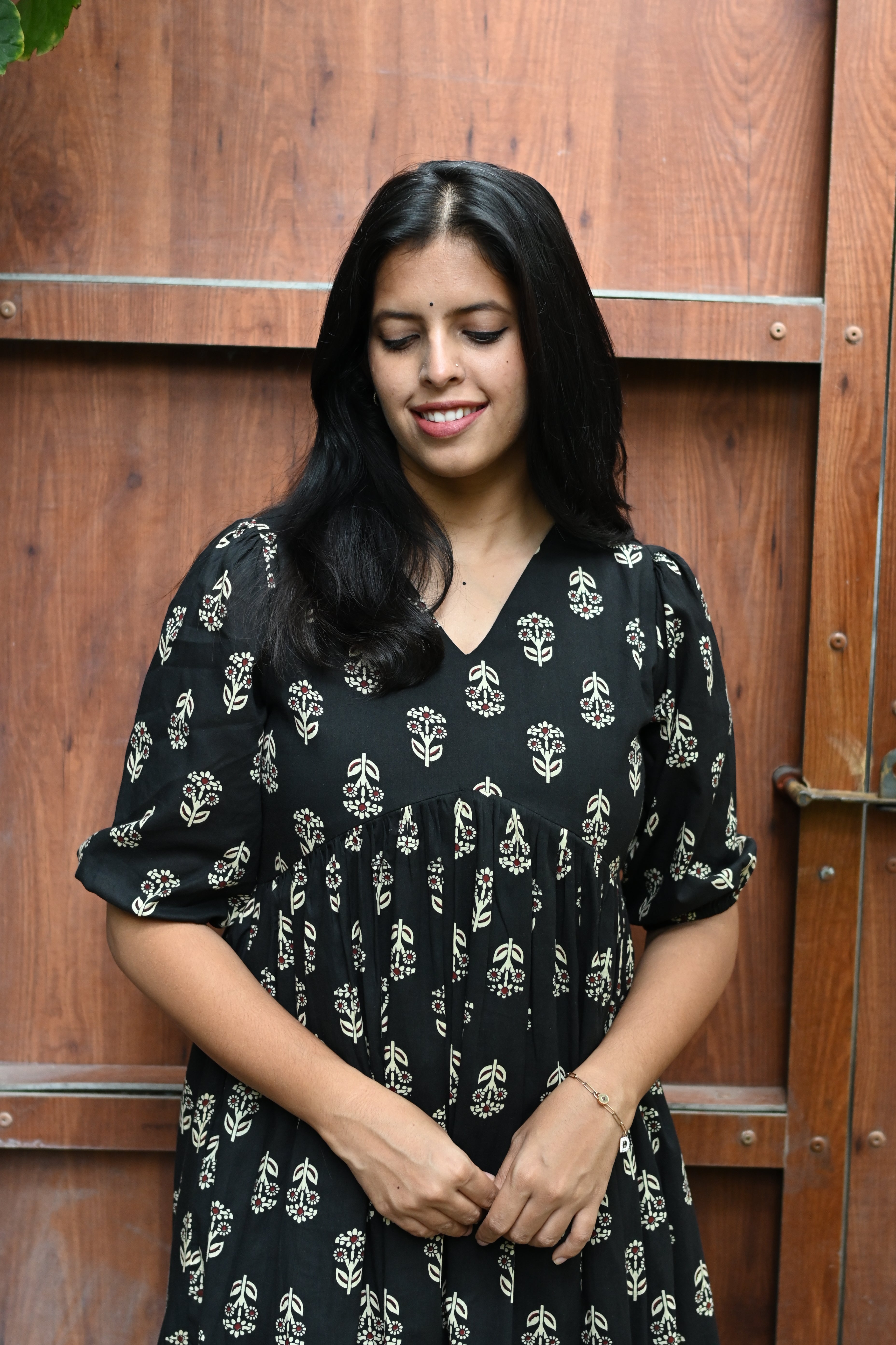 Black Cotton Floral Print Fit & Flare Midi Dress
