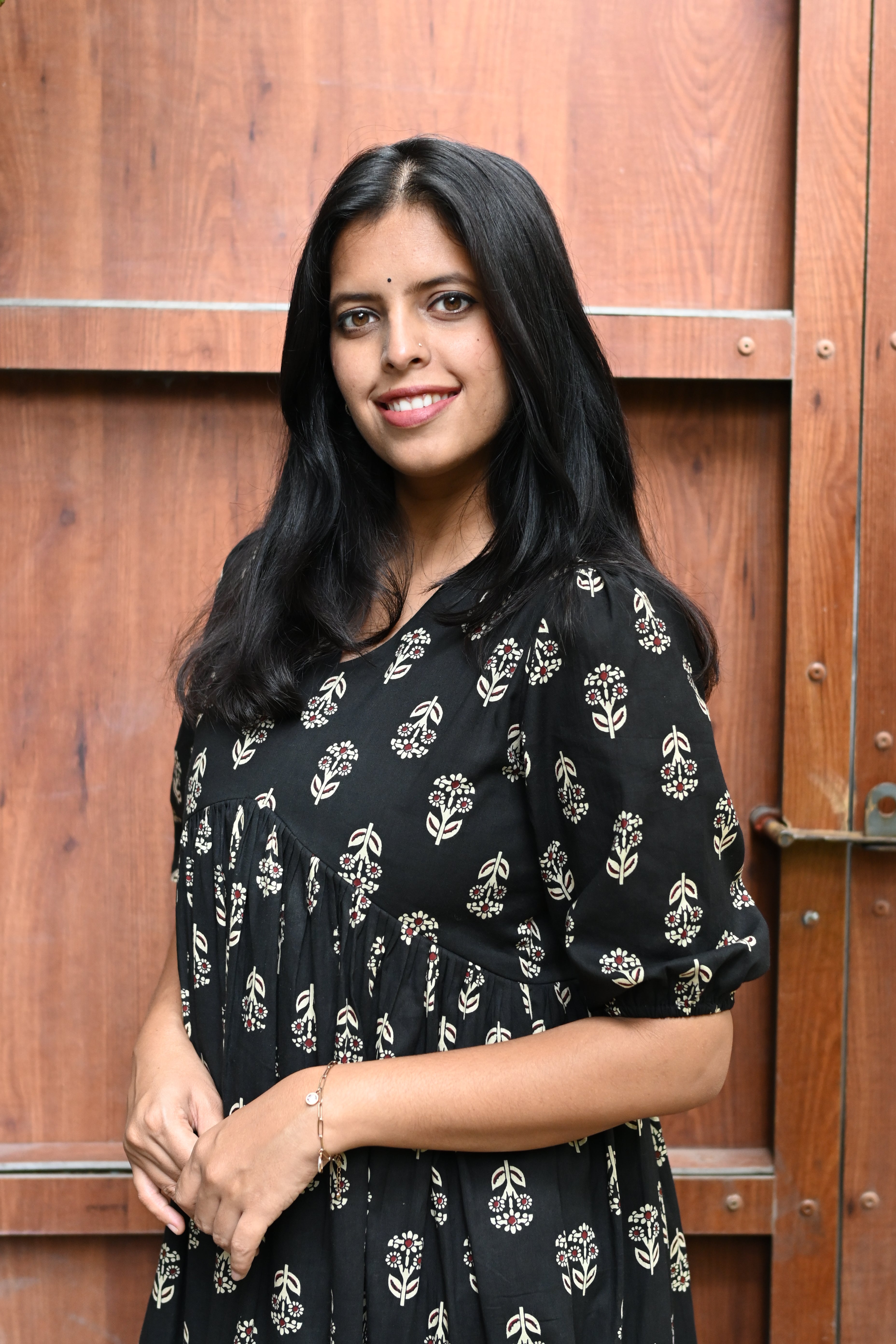 Black Cotton Floral Print Fit & Flare Midi Dress