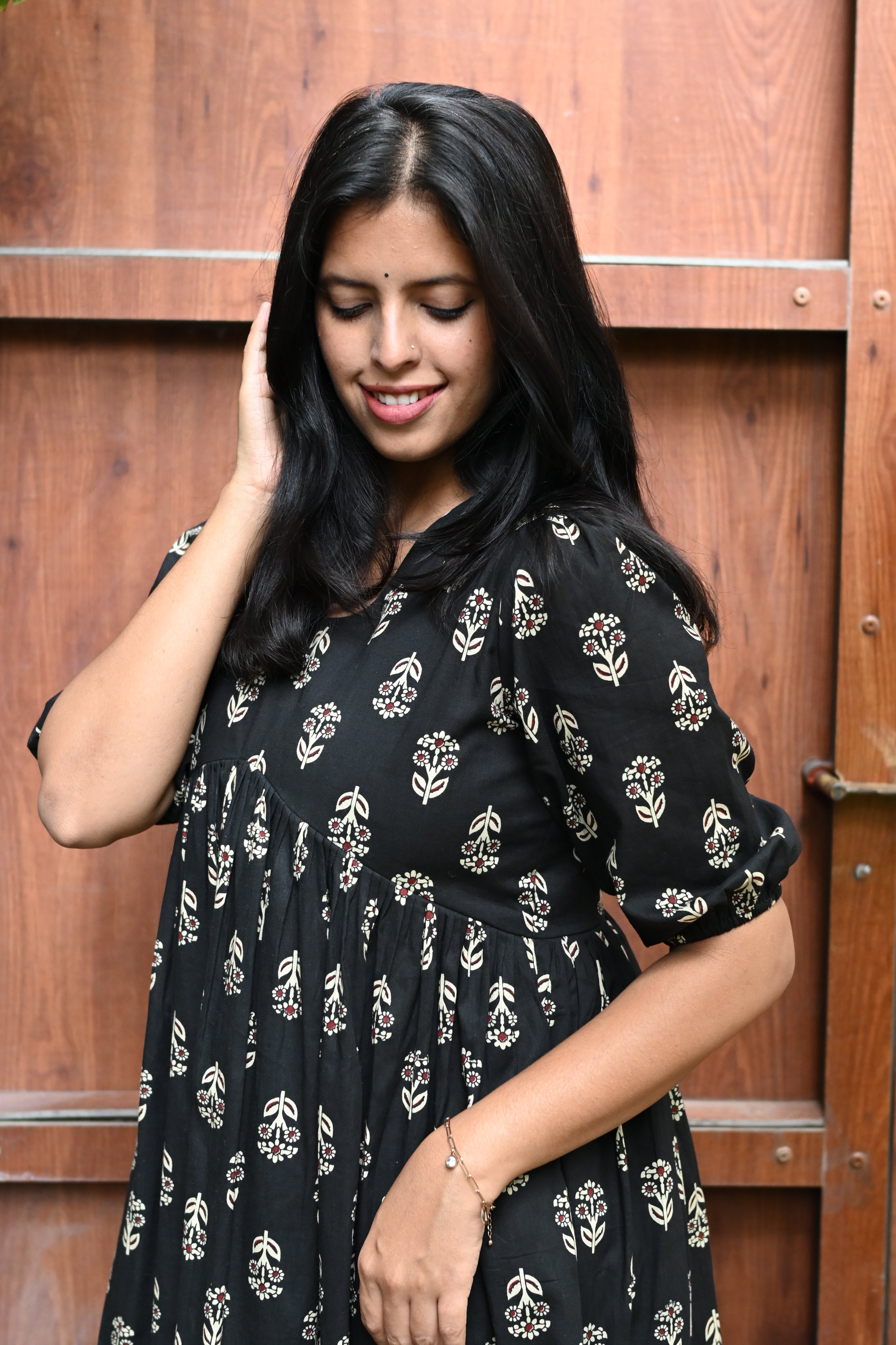 Black Cotton Floral Print Fit & Flare Midi Dress