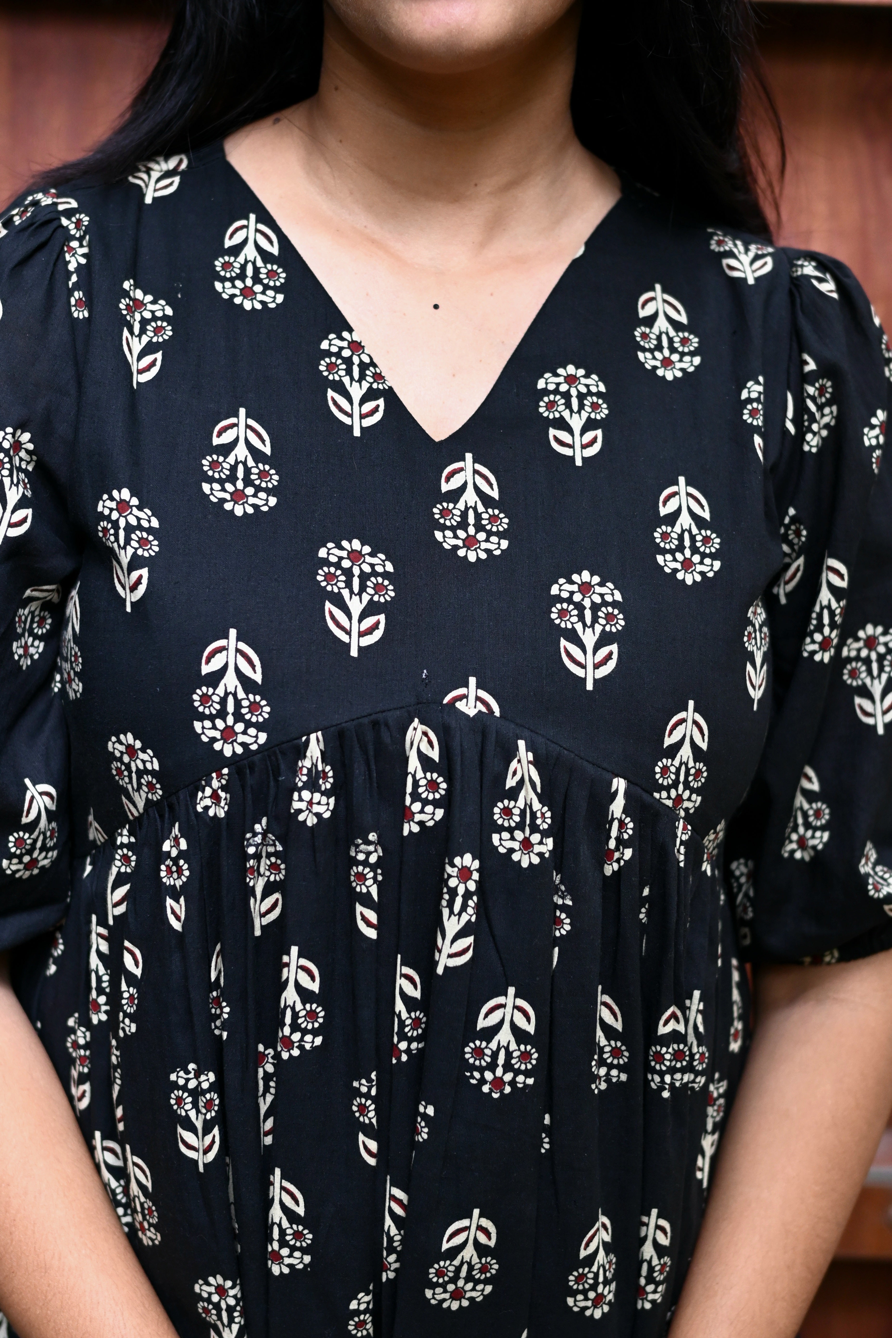 Black Cotton Floral Print Fit & Flare Midi Dress
