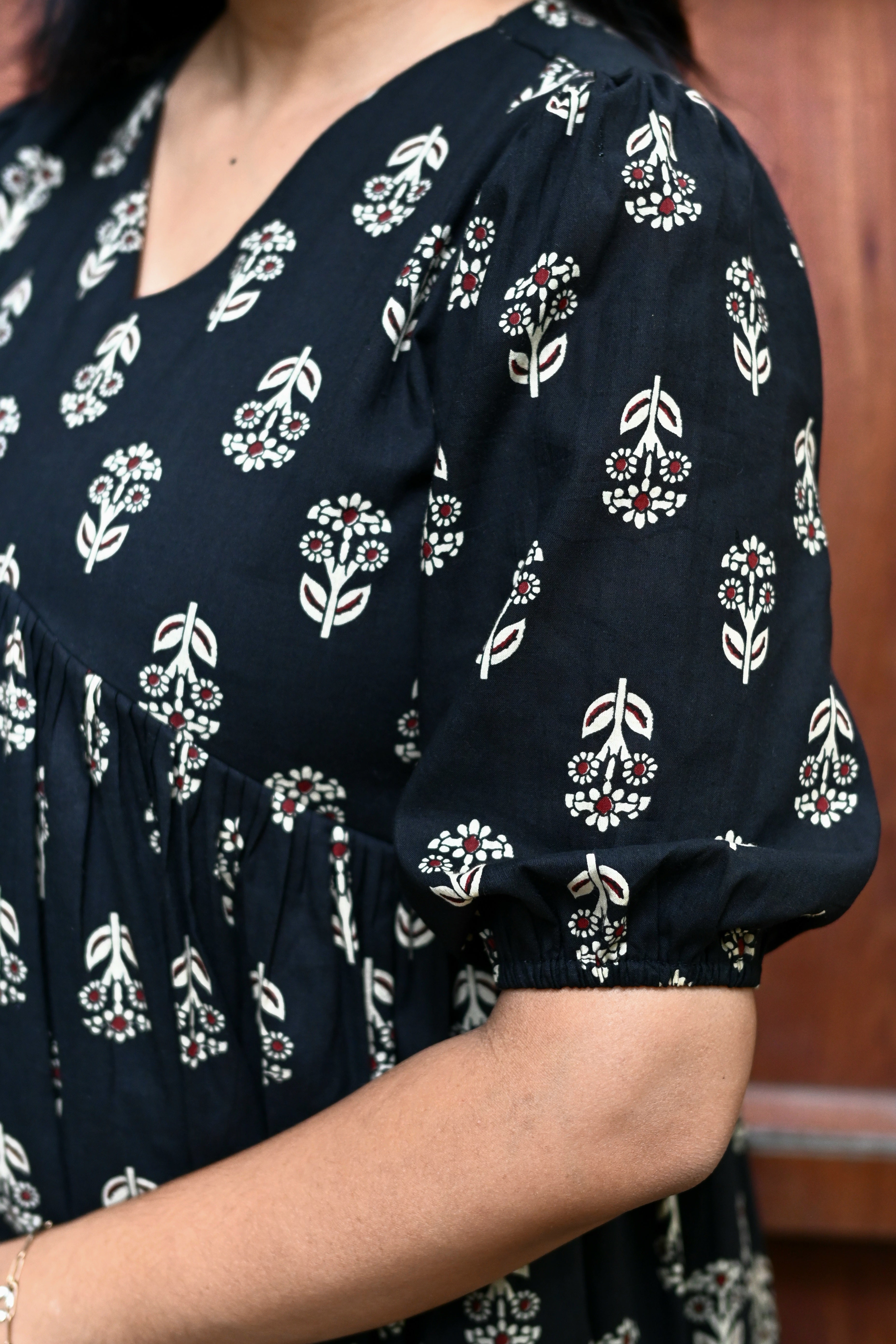 Black Cotton Floral Print Fit & Flare Midi Dress