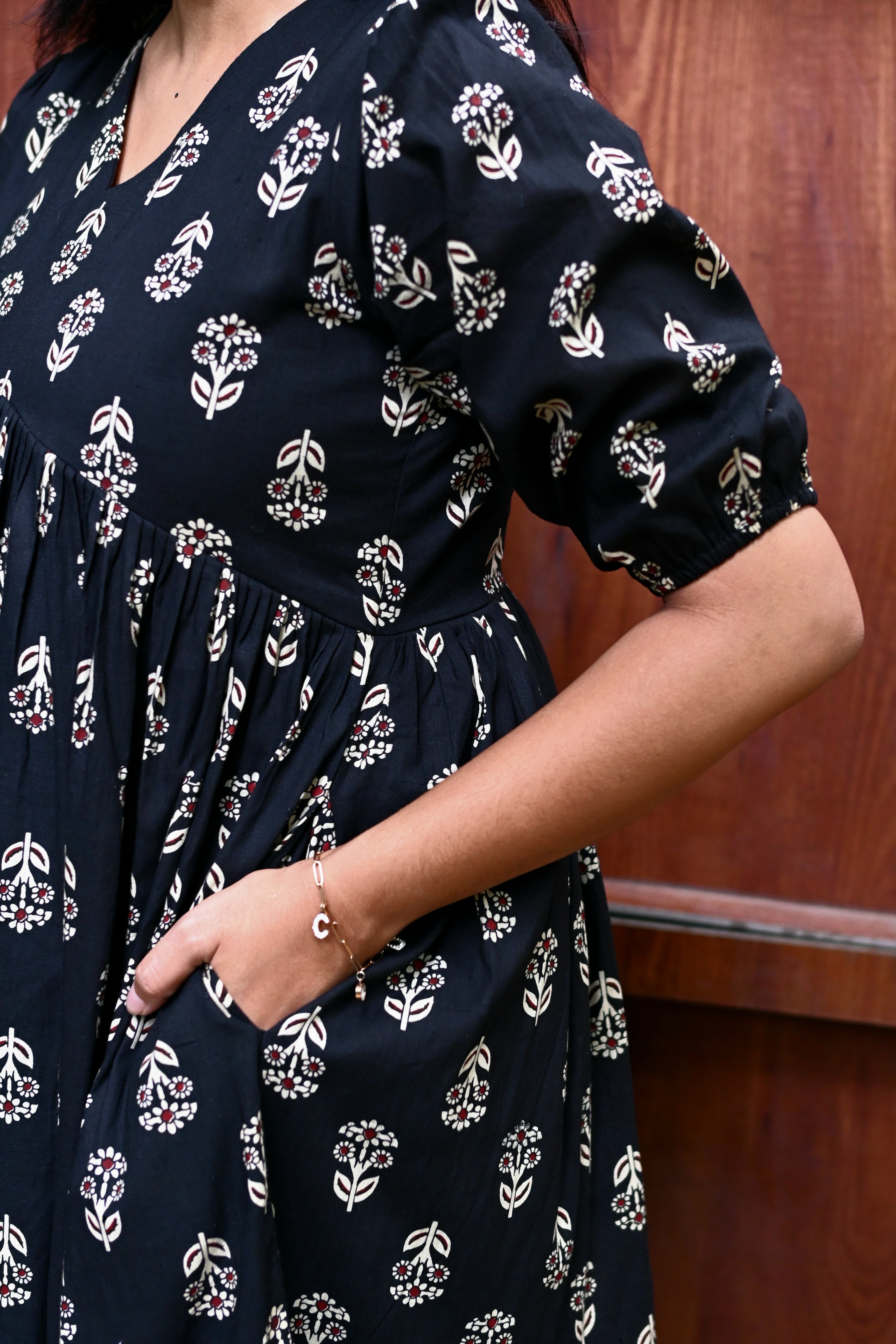 Black Cotton Floral Print Fit & Flare Midi Dress