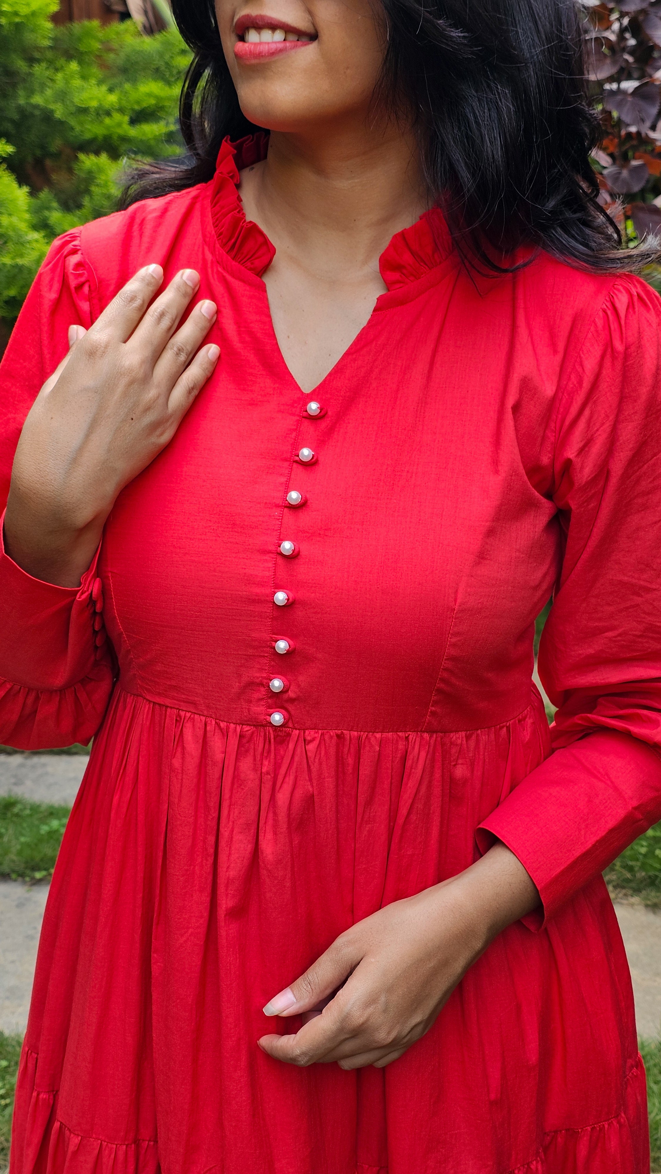 Sayonara - Red Cambric Cotton 3-Tier Flared  Dress