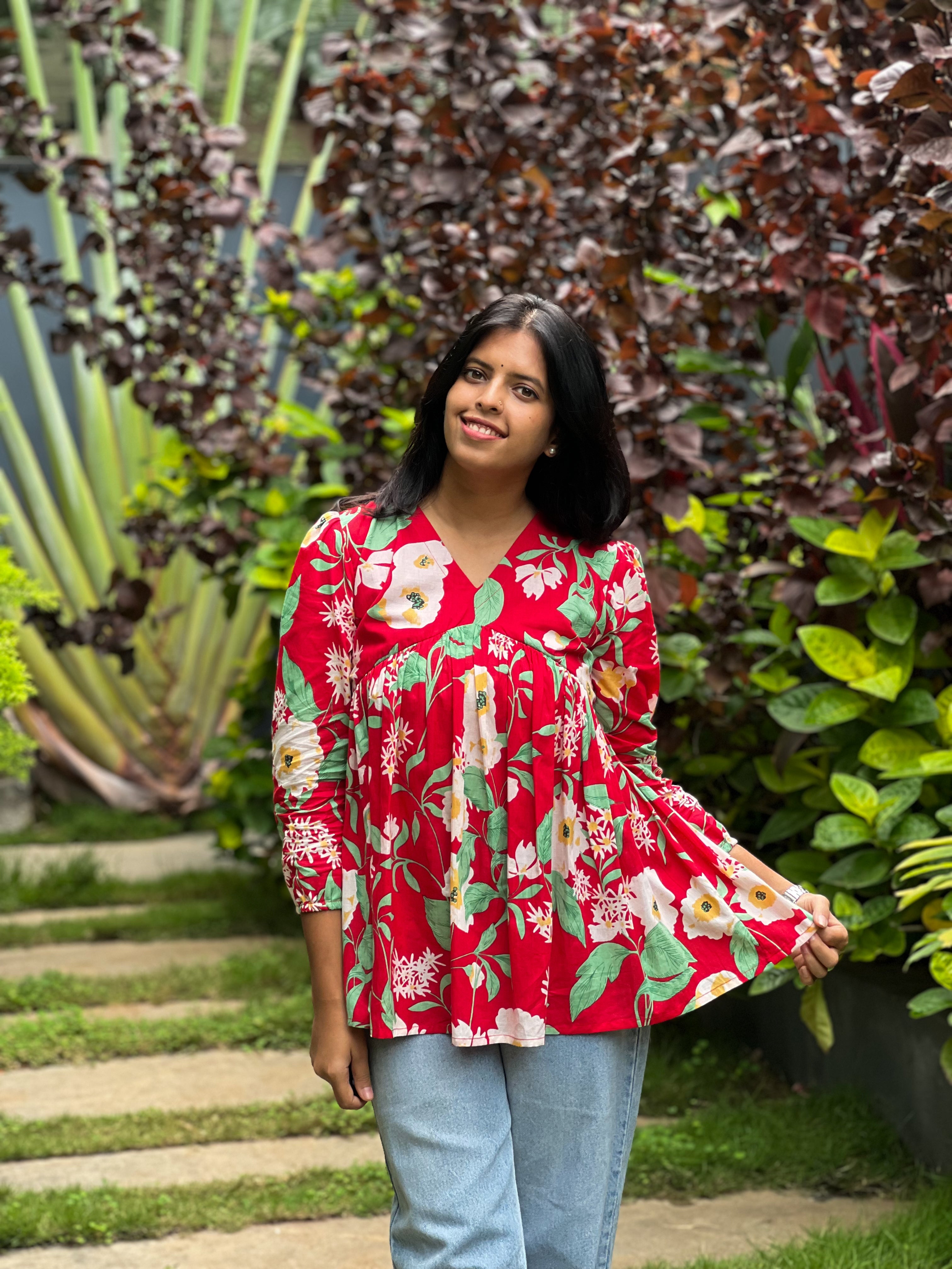 Miniver Rose - Red Cotton Floral Top