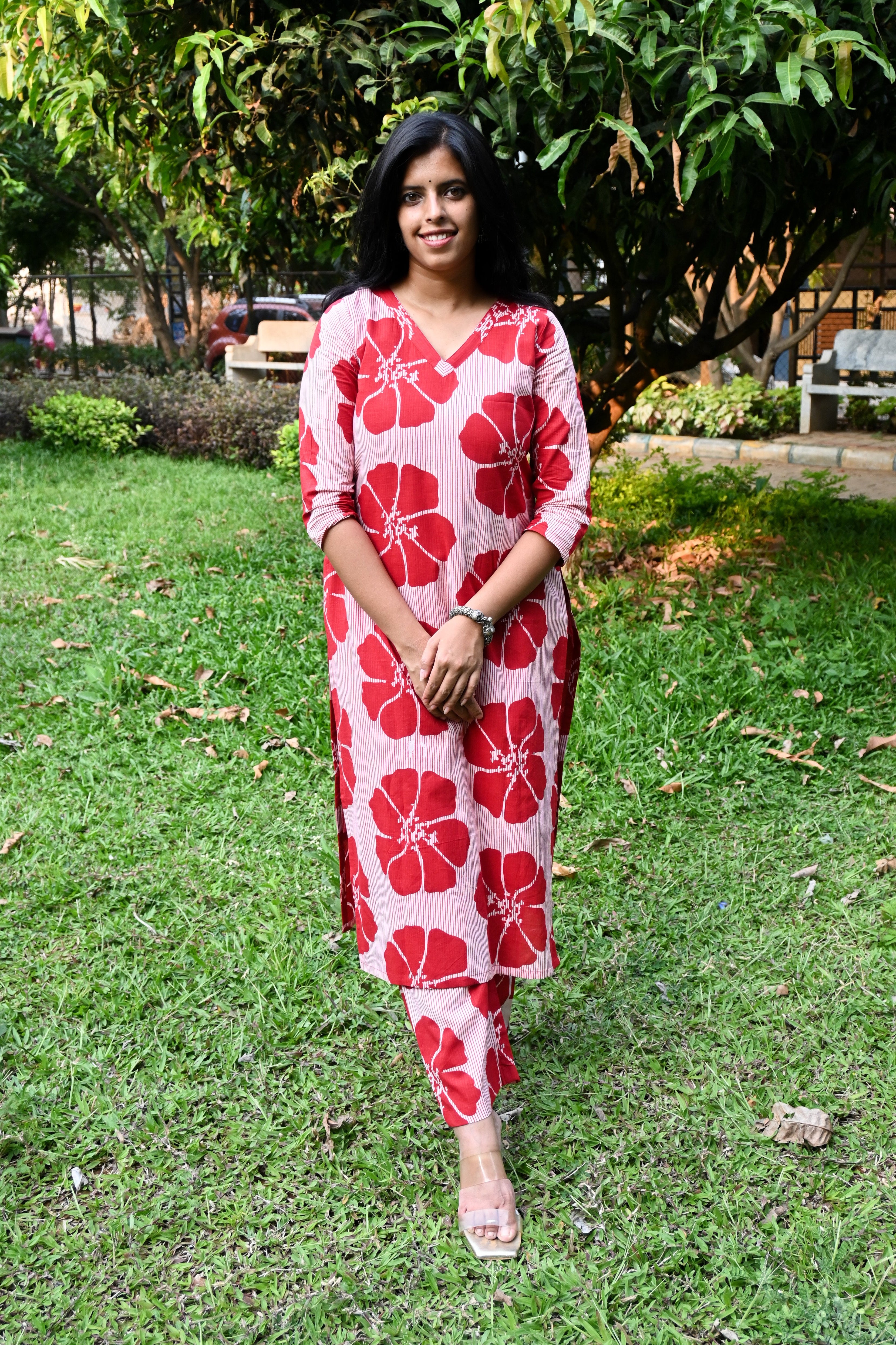 Red Floral Cotton A-Line Co-ord Set