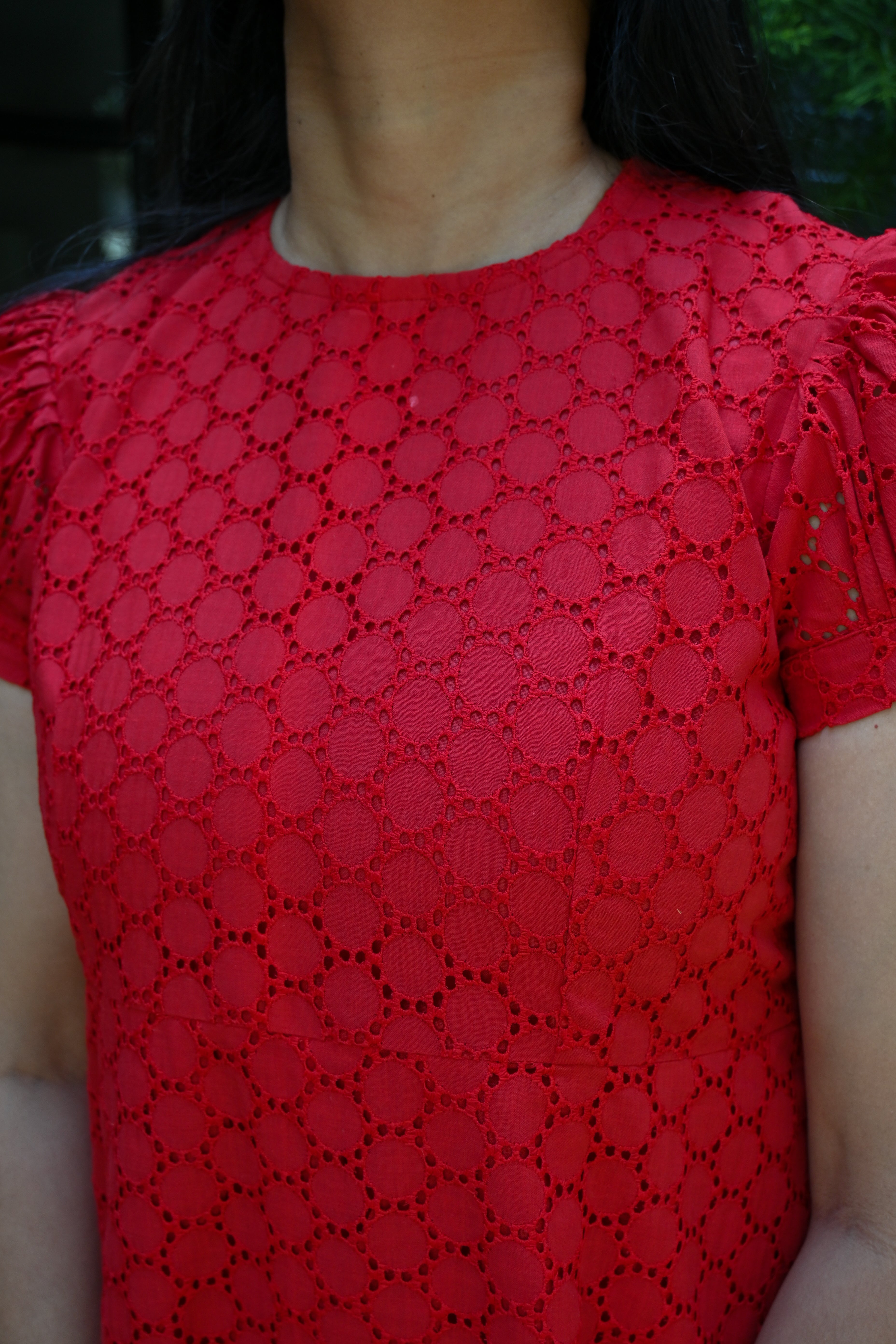 Red Schiffli A-line Puff Sleeves Midi Dress