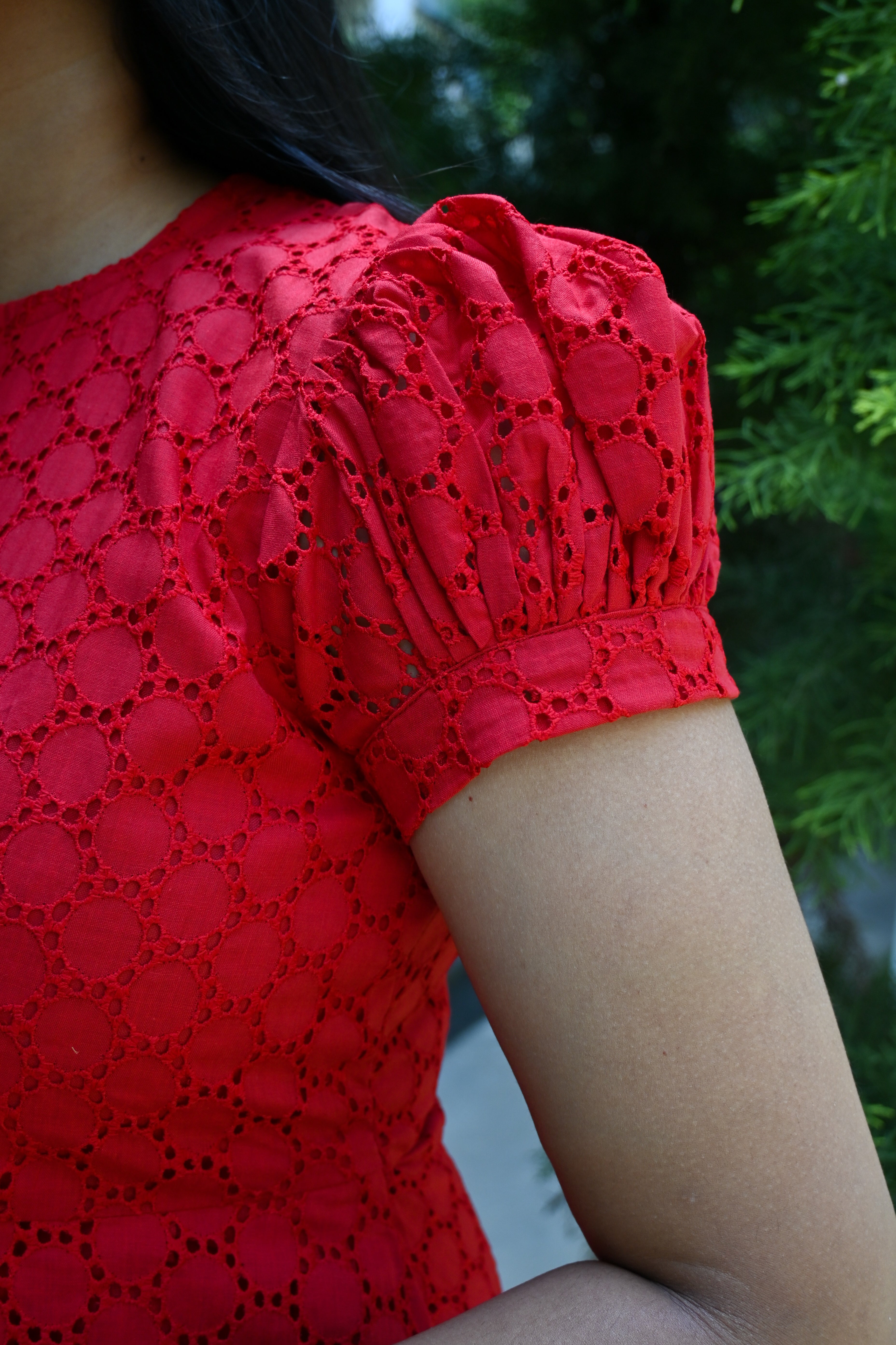 Red Schiffli A-line Puff Sleeves Midi Dress