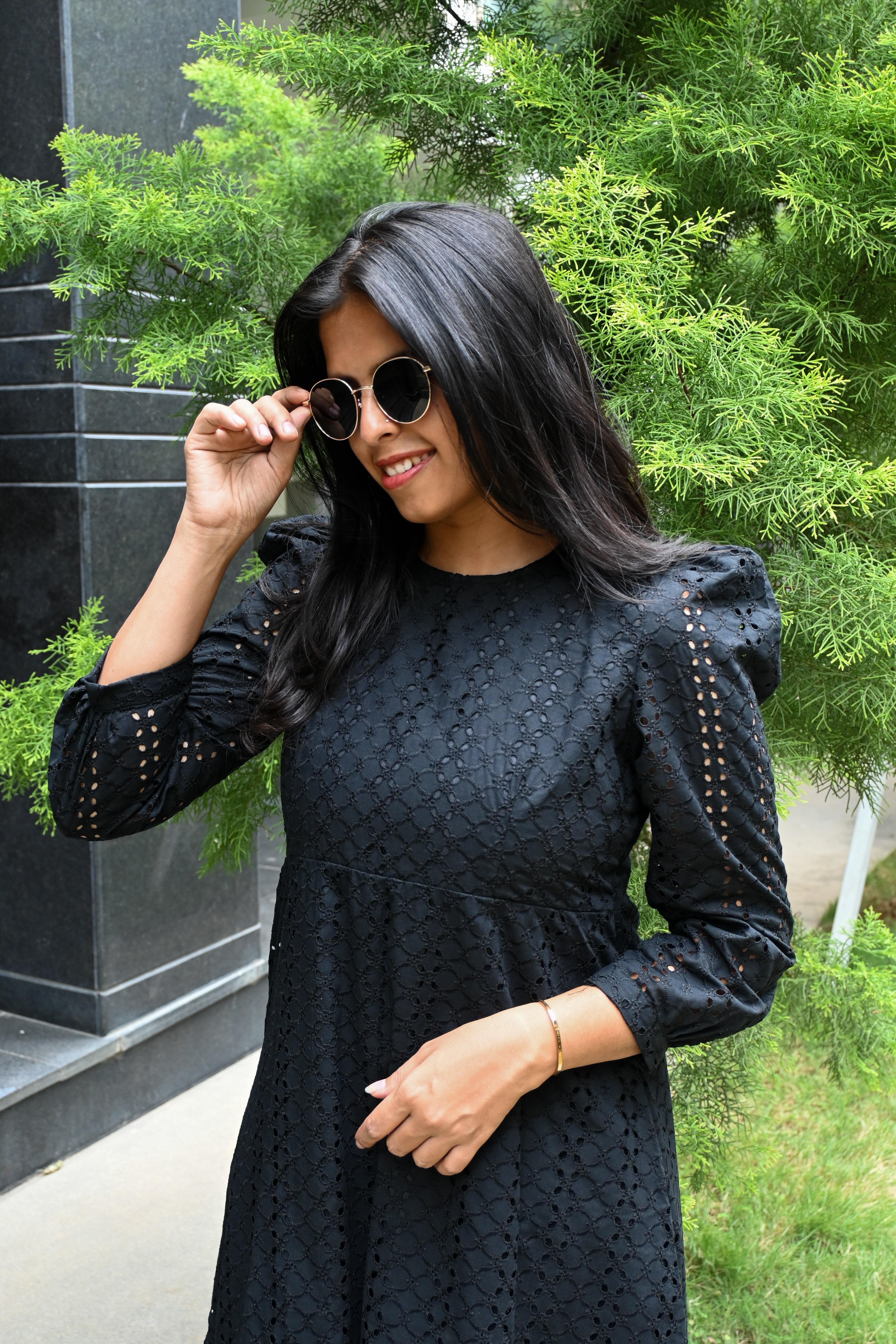 Black Schiffli A-line Puff Sleeves Midi Dress