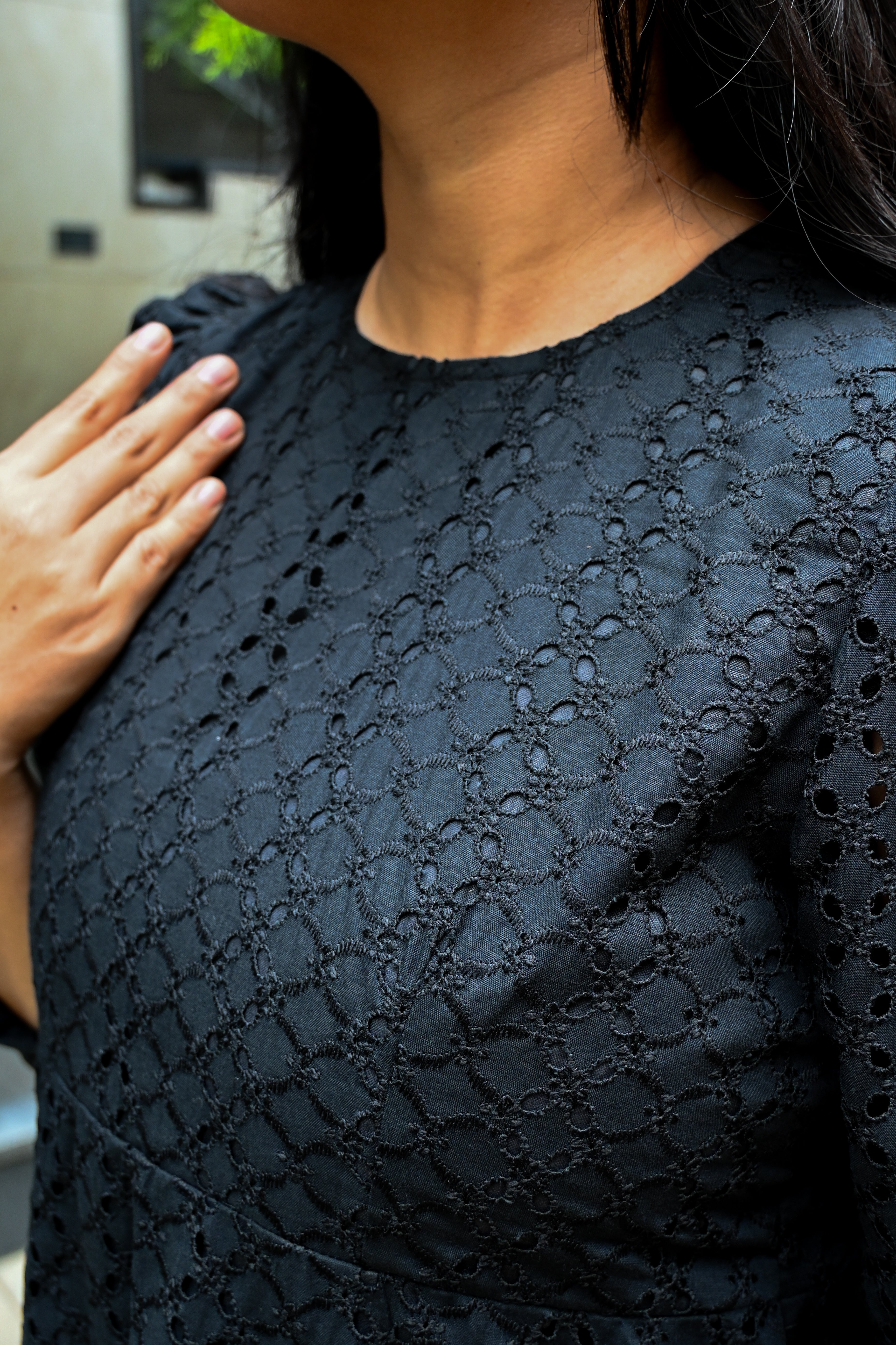 Black Schiffli A-line Puff Sleeves Midi Dress