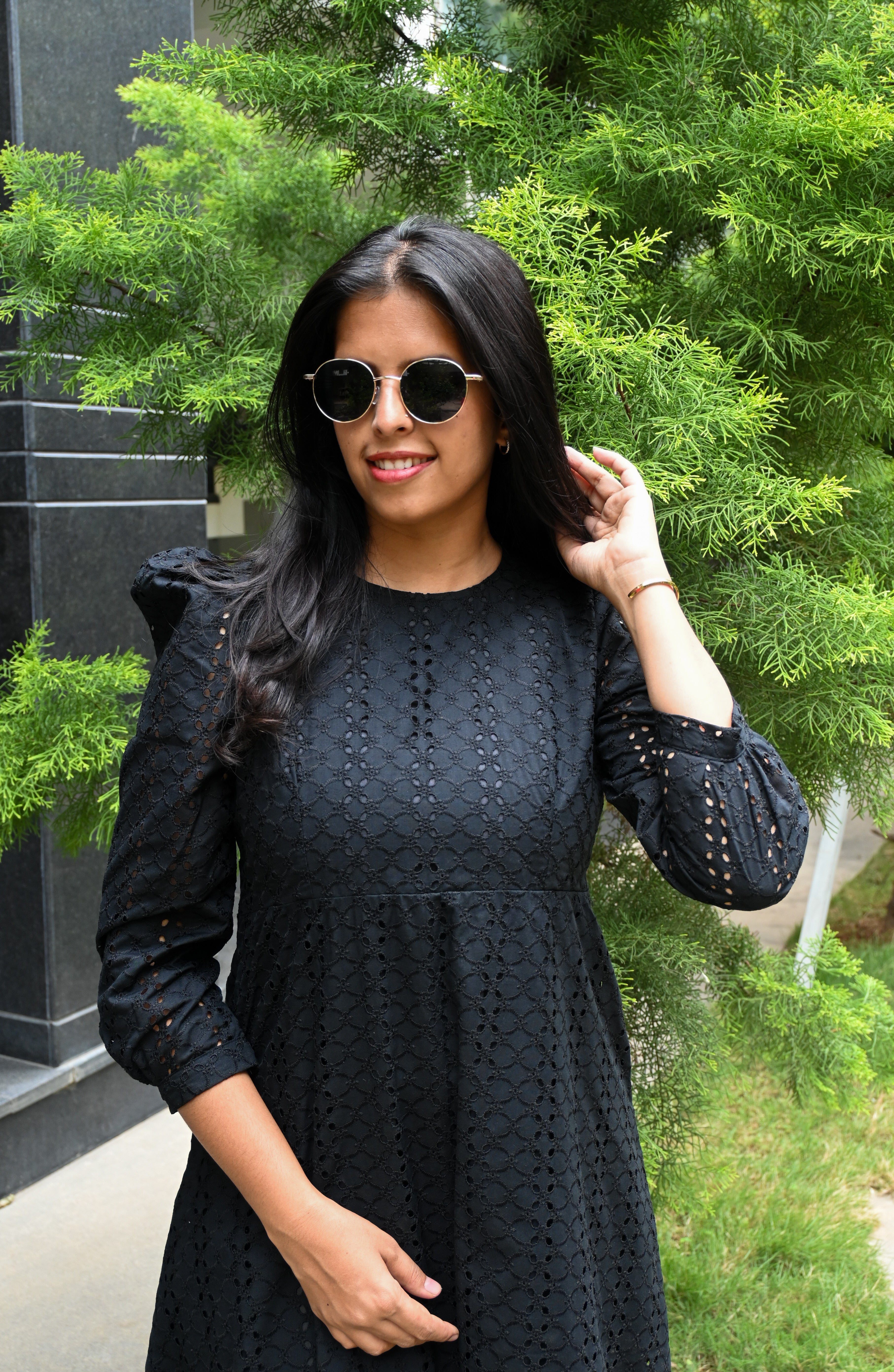 Black Schiffli A-line Puff Sleeves Midi Dress