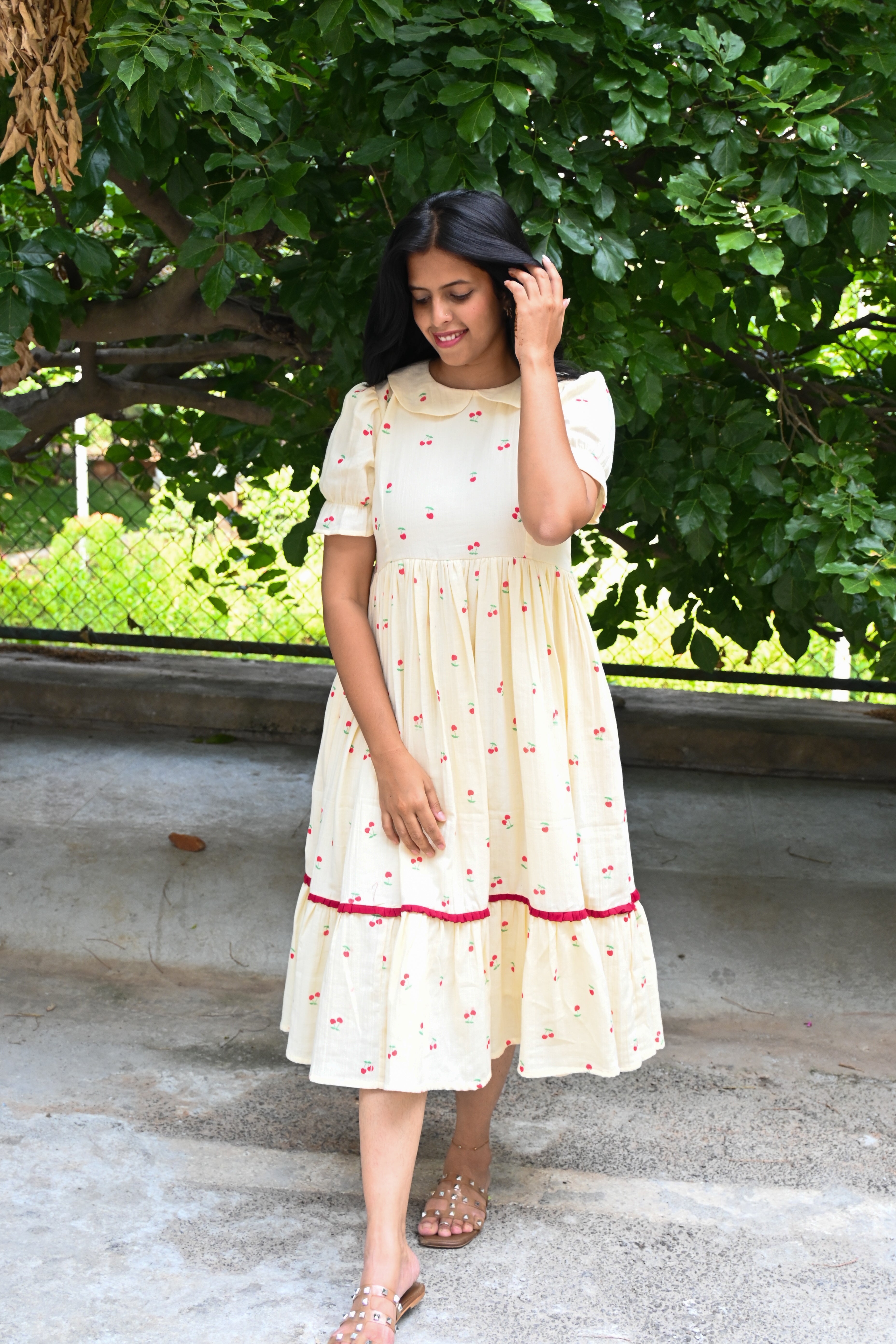 Dress For Women - Cream Muslin Peter collar Flared Dress