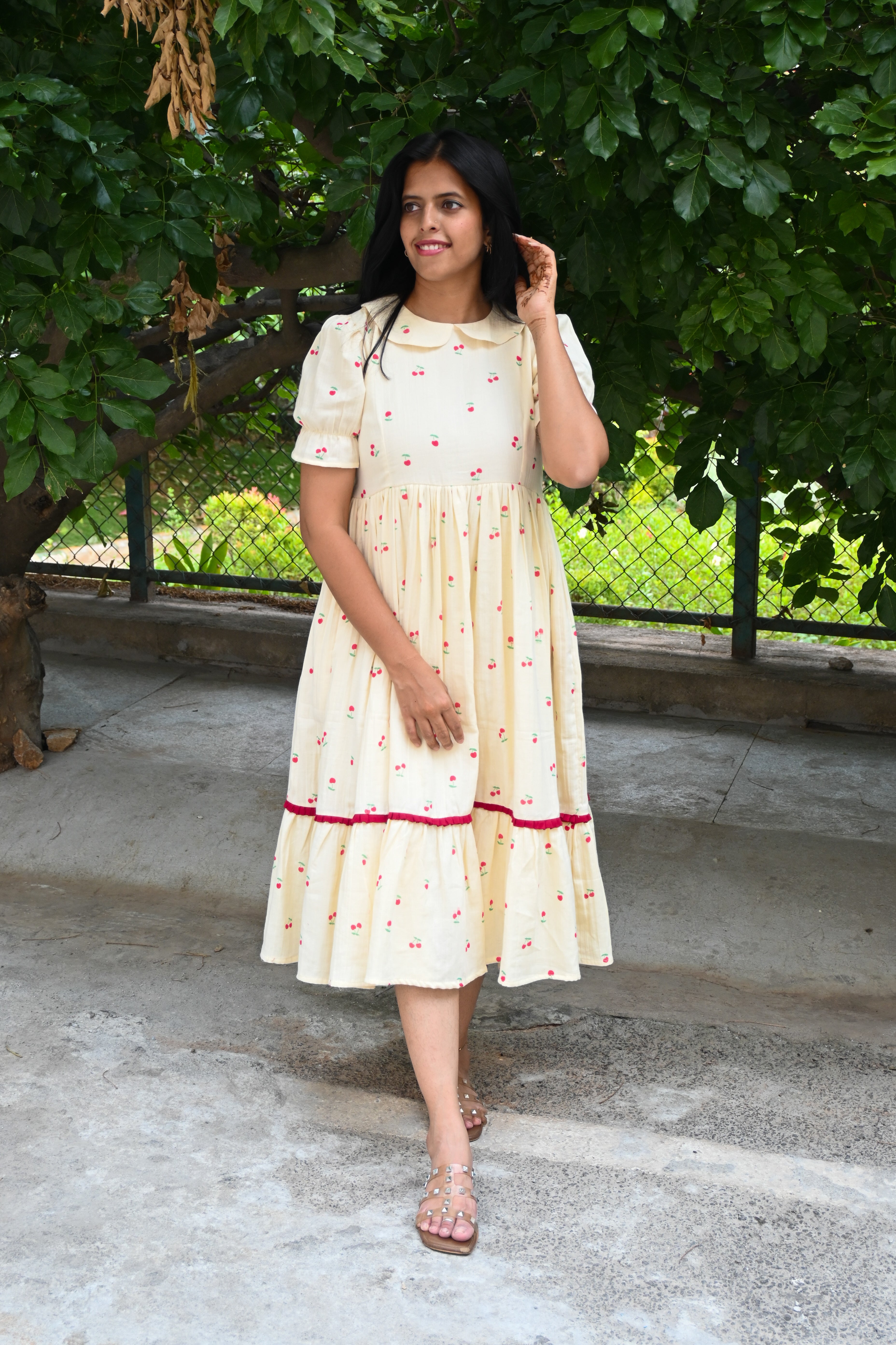 Cream Muslin Peter collar Flared Dress