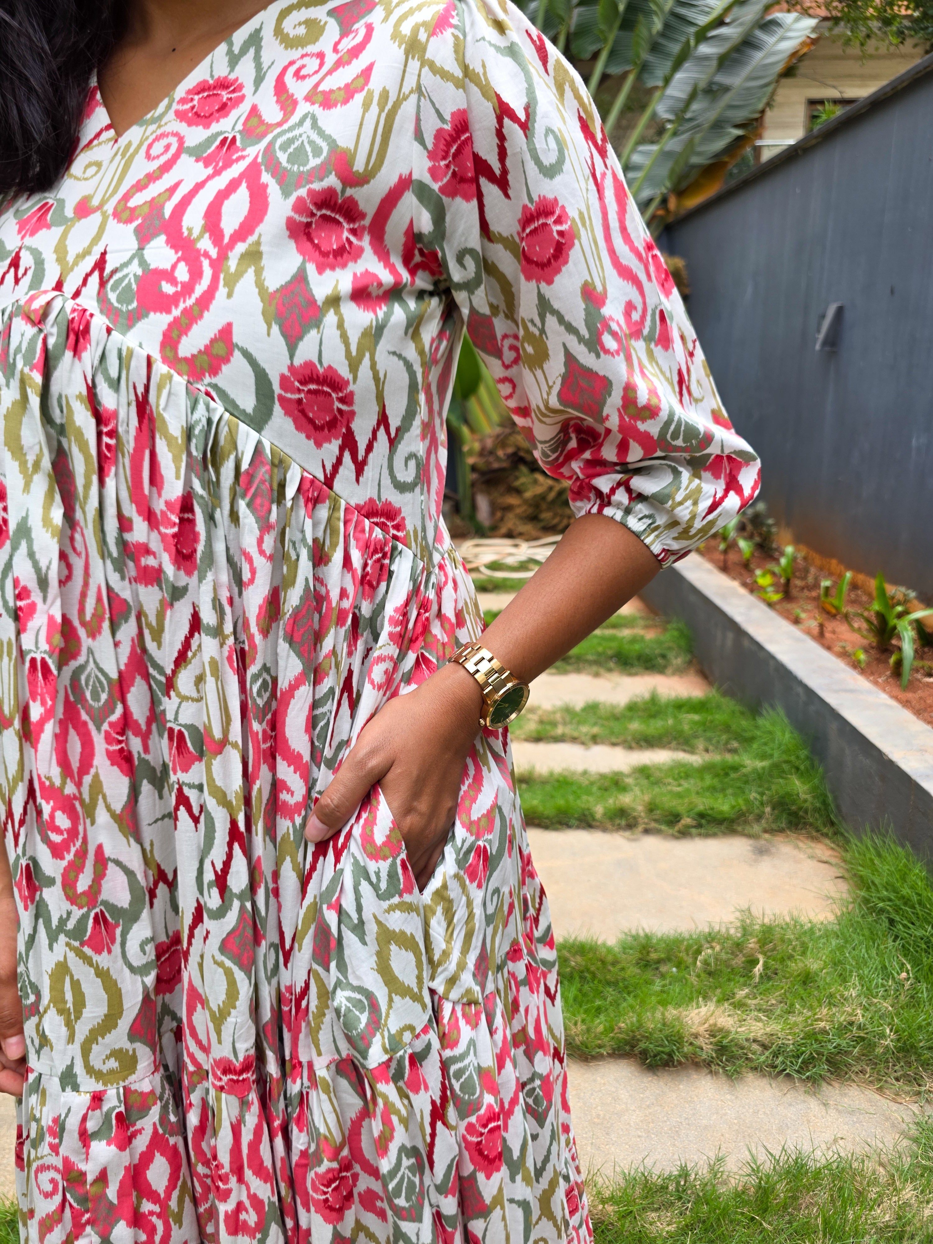 Floral Cotton 3-Tier Flared Maxi Dress