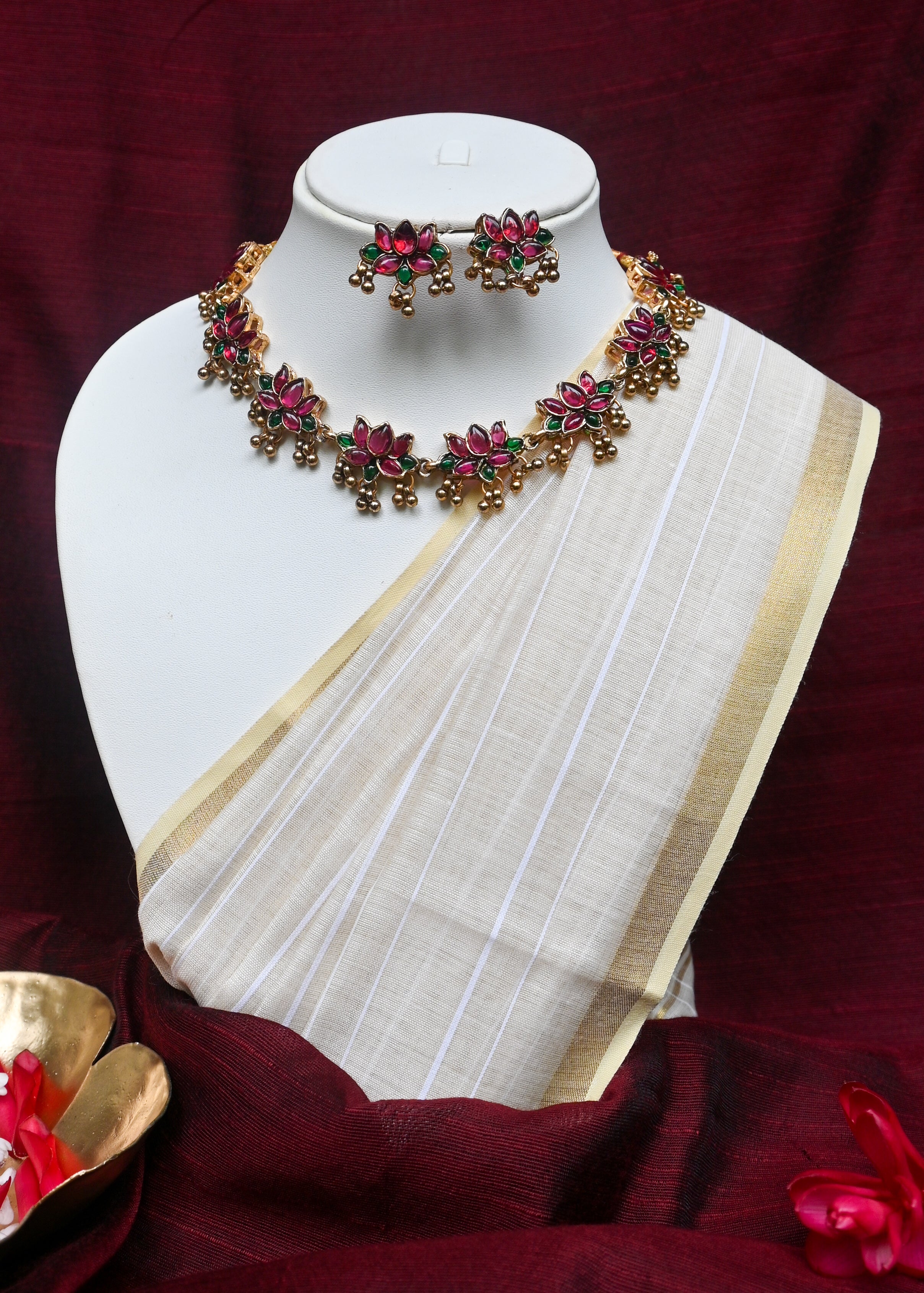 Padmika - Ruby Lotus Necklace Set