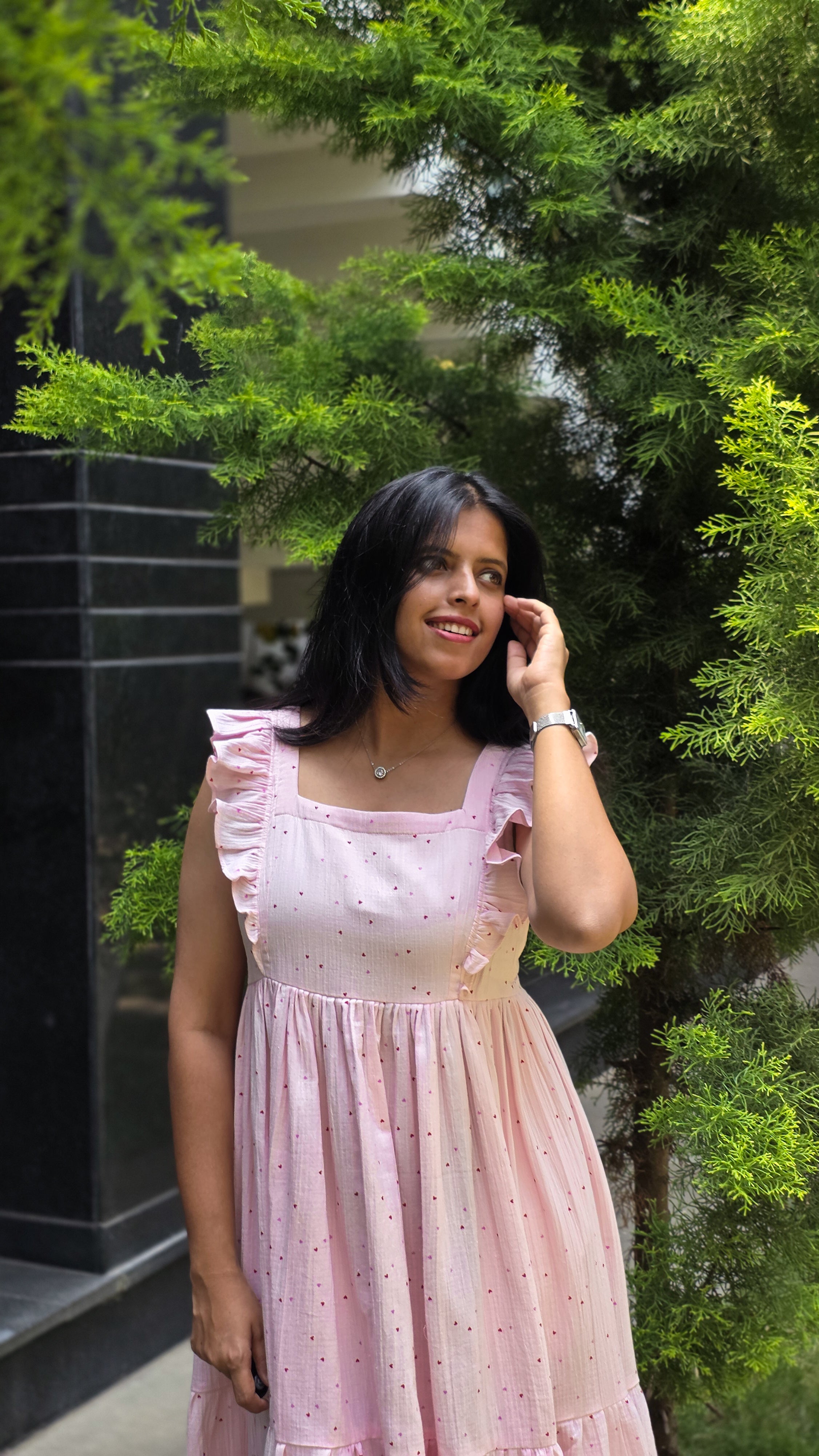 Baby Pink Muslin 2-Tier Midi Dress