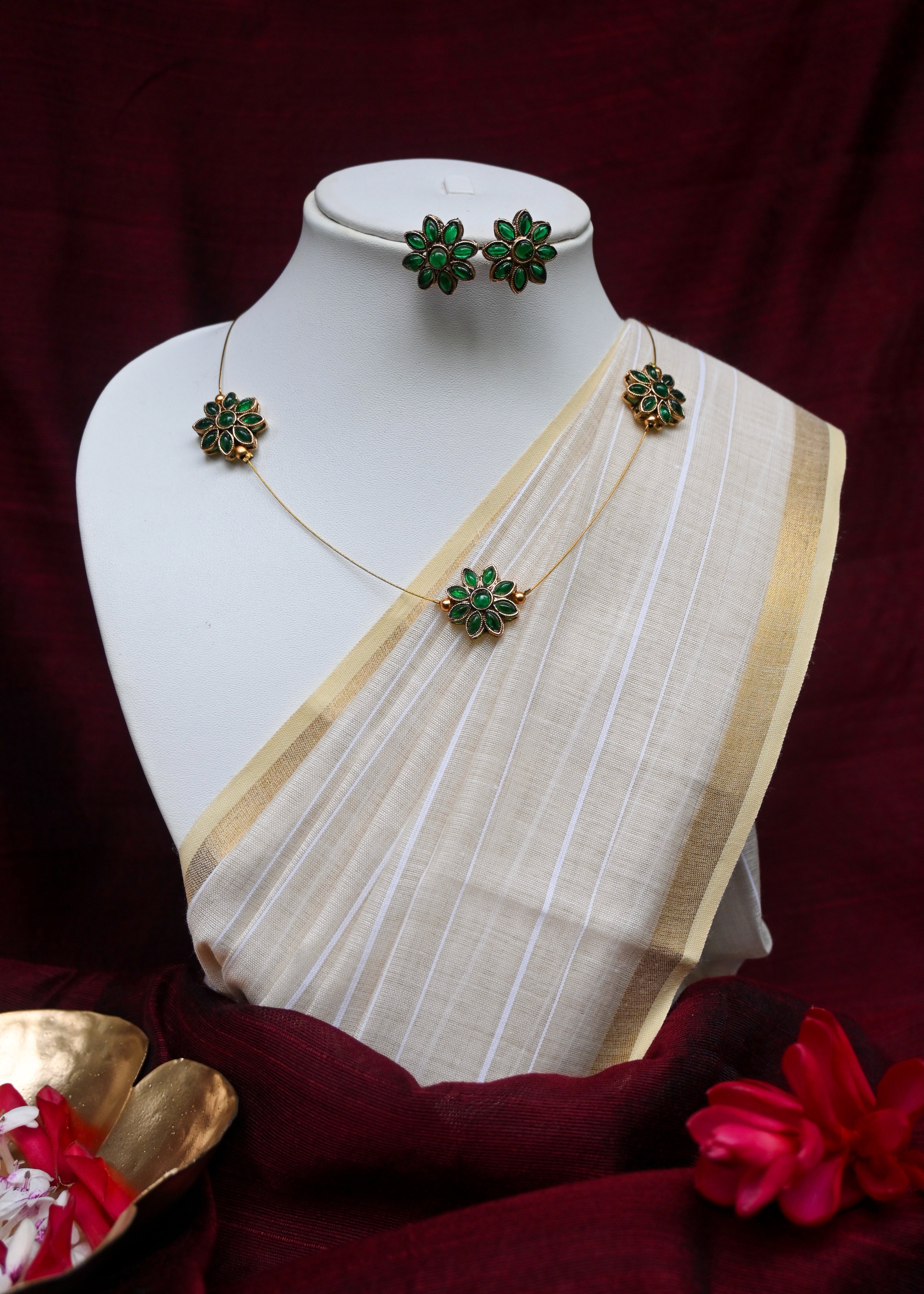 Haritha - Emerald Green Kundan Blossom Necklace Set