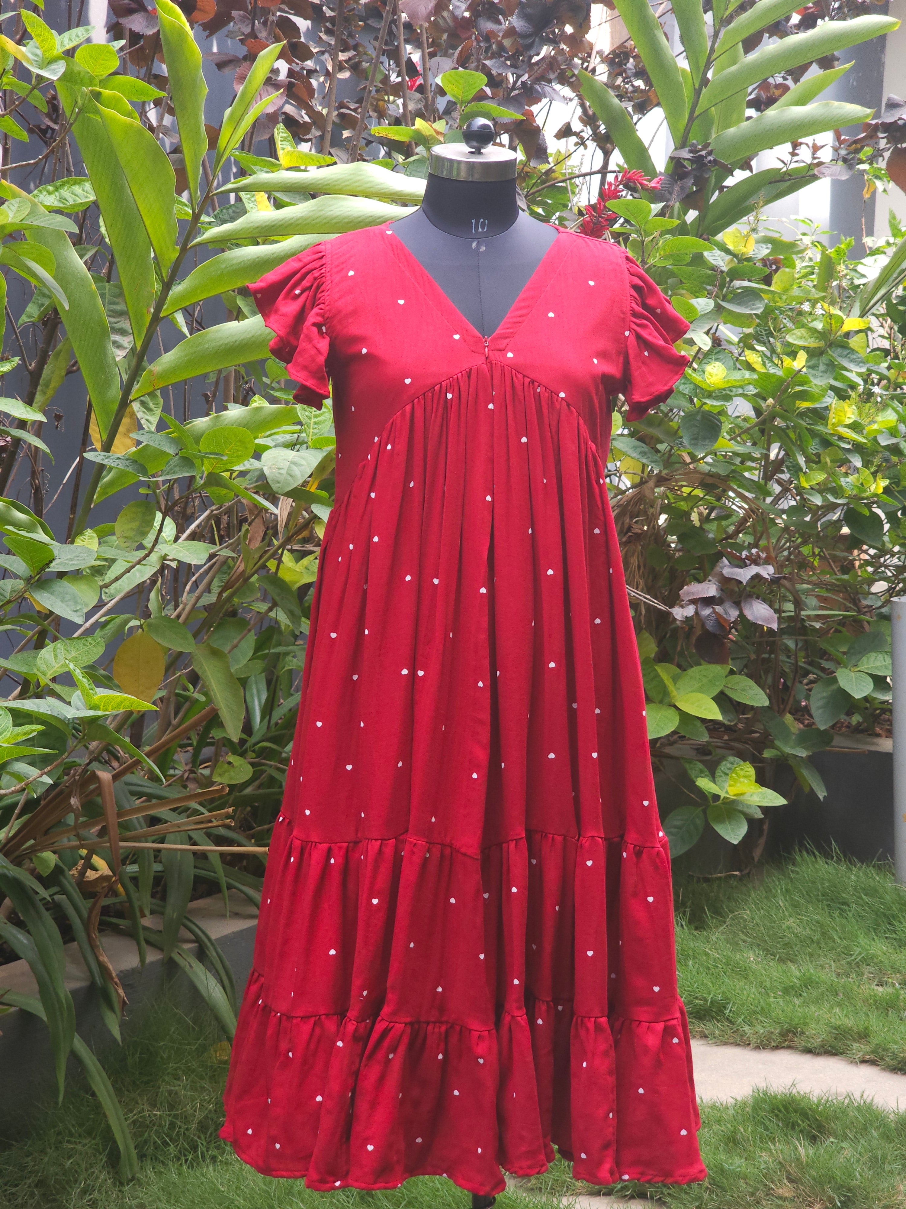 Angelisa(Nursing) - Red Muslin Cotton Heart Print Dress