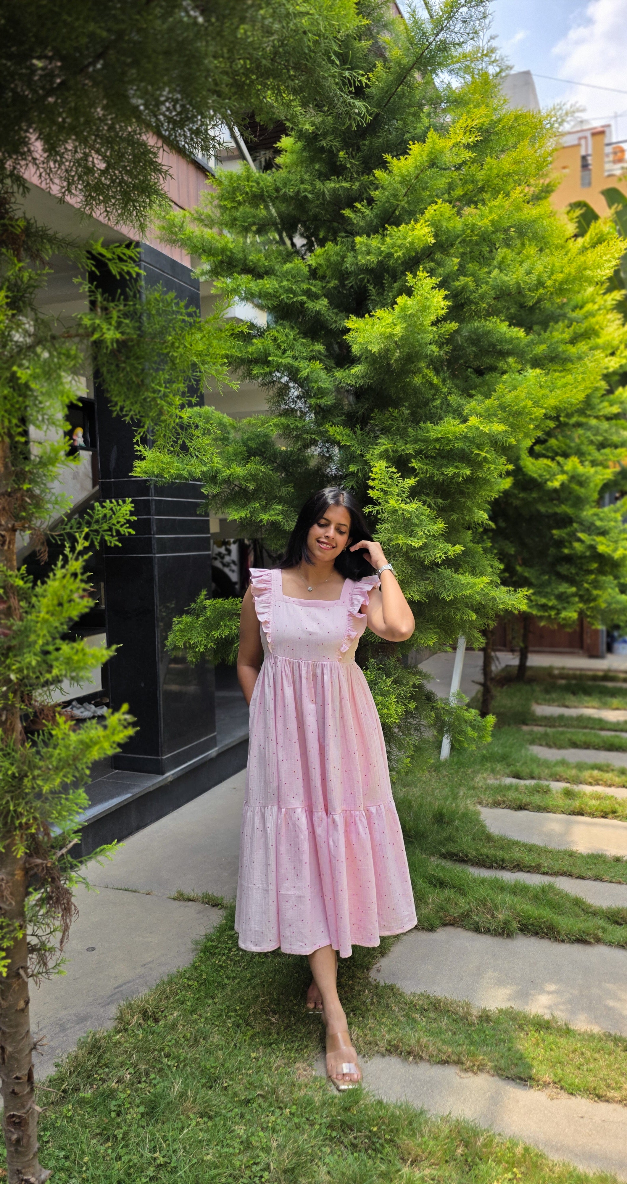 Baby Pink Muslin 2-Tier Midi Dress